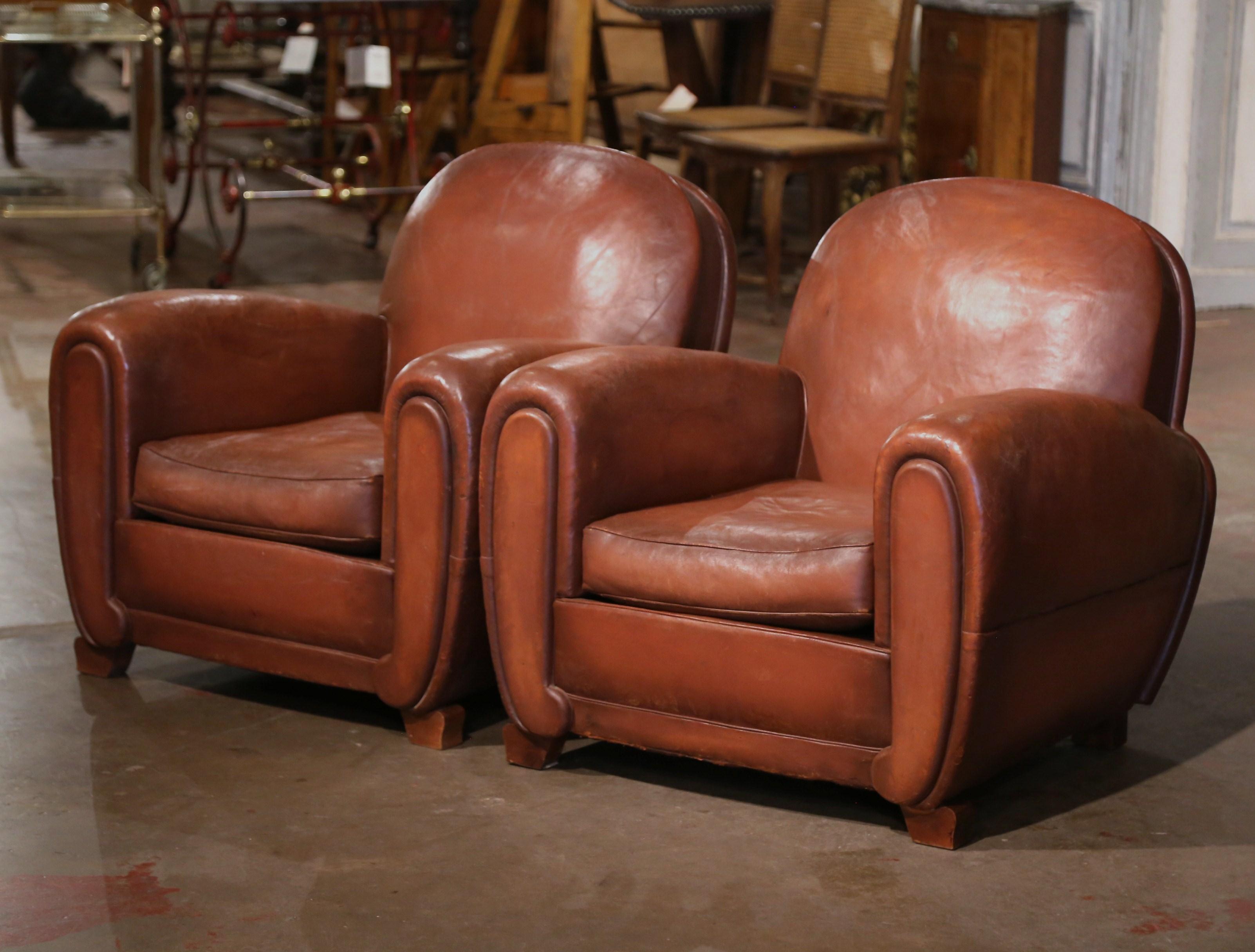 Pair of Early 20th Century French Club Armchairs with Brown Leather 1