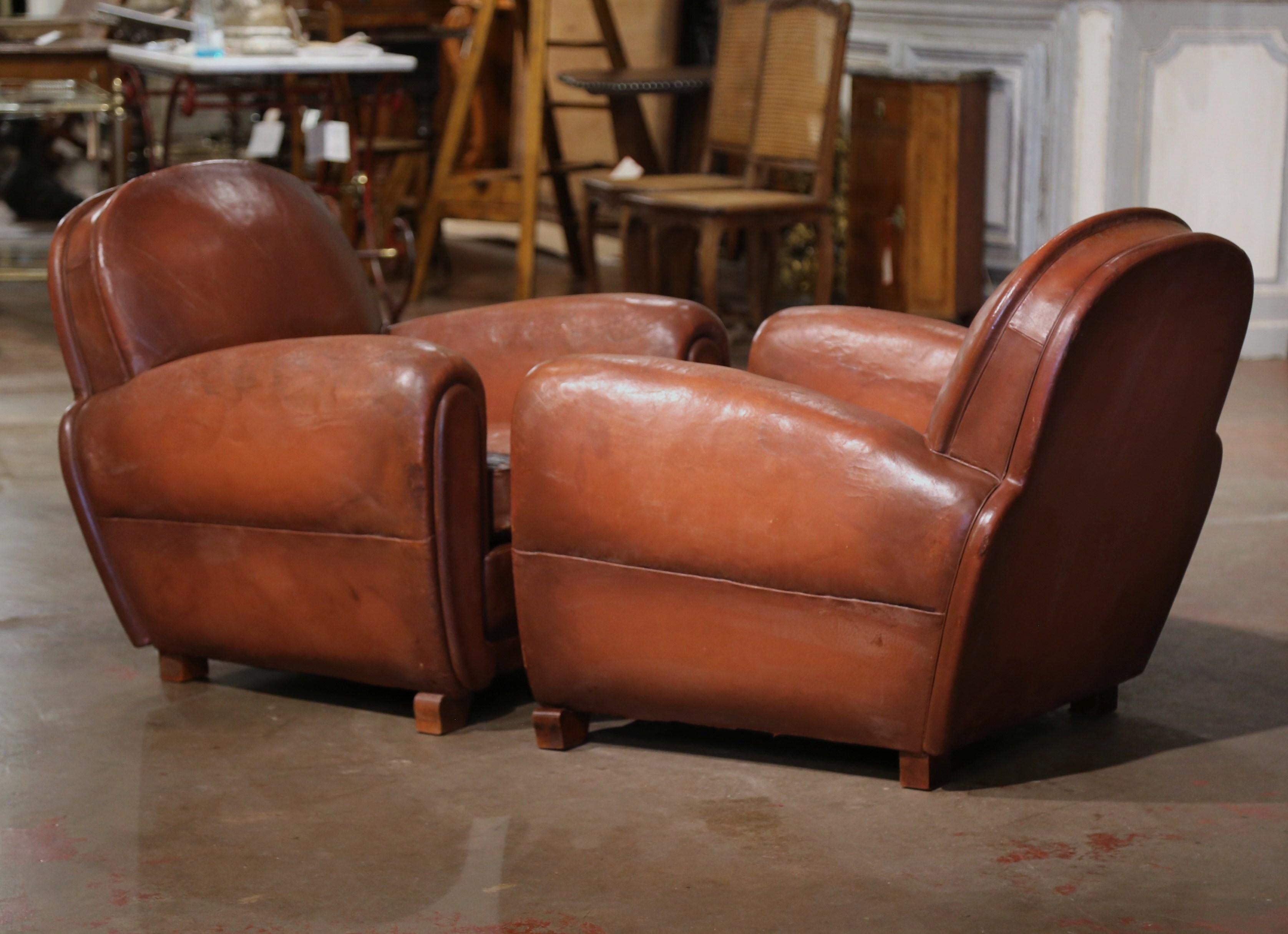 Pair of Early 20th Century French Club Armchairs with Brown Leather 2