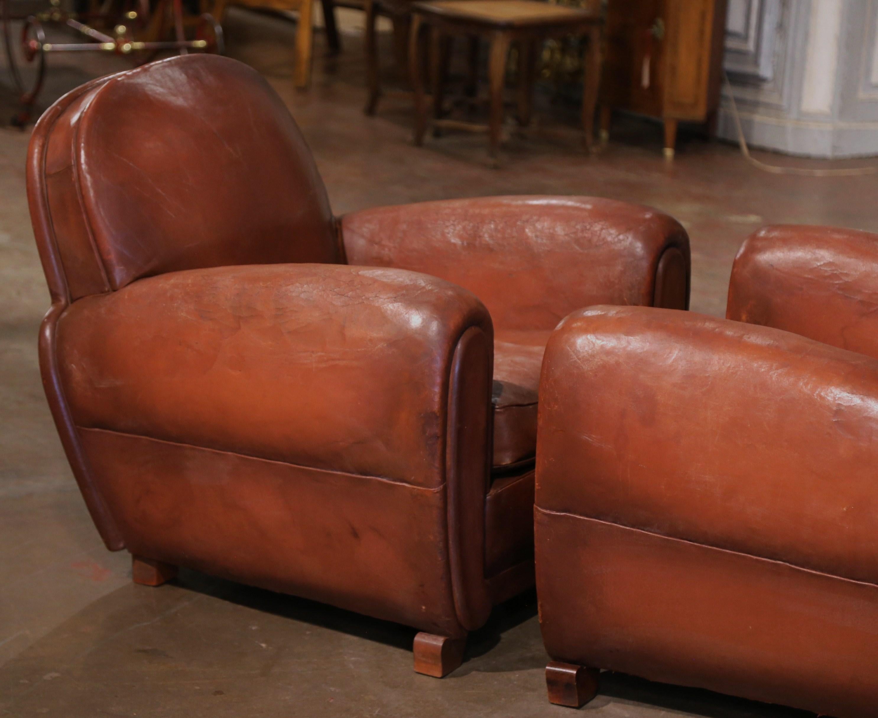 Pair of Early 20th Century French Club Armchairs with Brown Leather 3