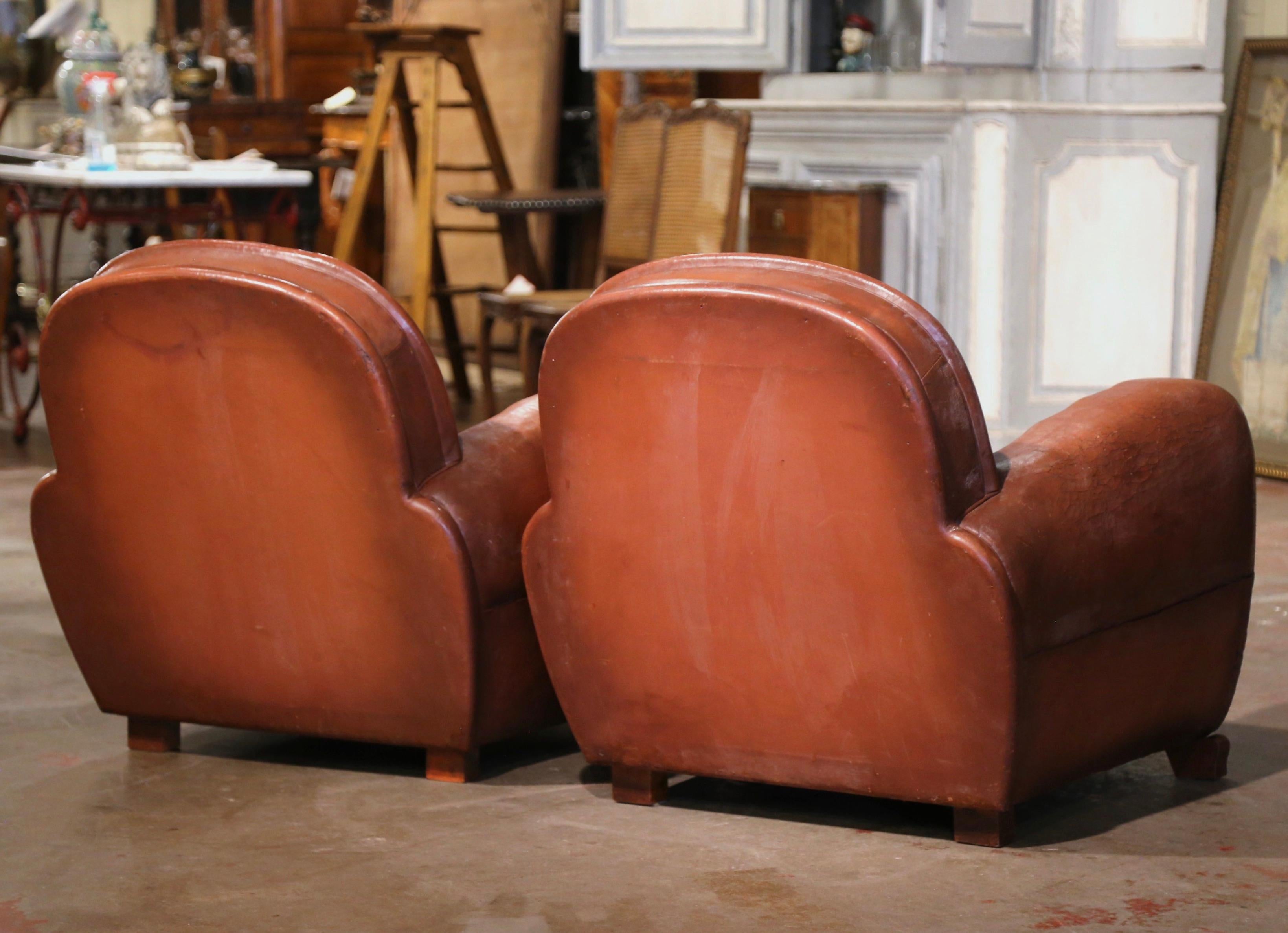 Pair of Early 20th Century French Club Armchairs with Brown Leather 4
