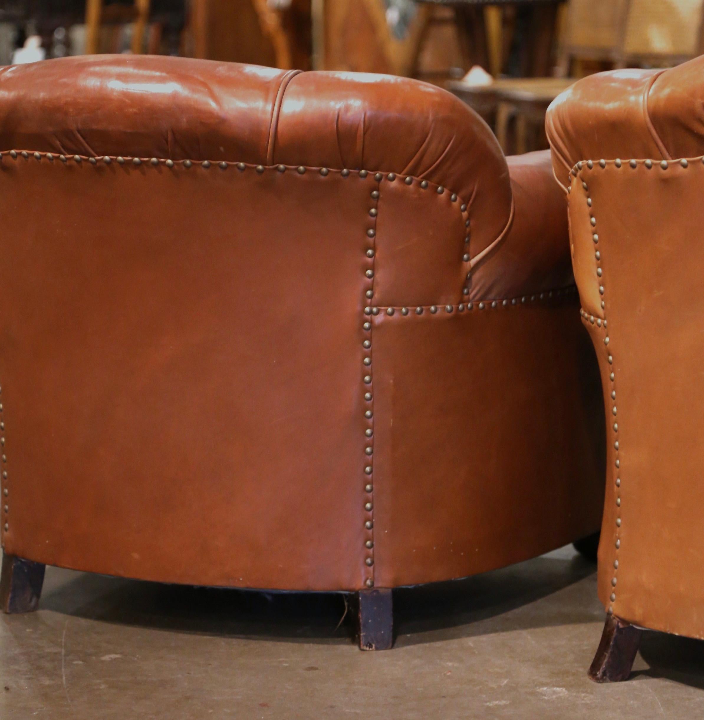 Pair of Early 20th Century French Club Armchairs with Original Brown Leather For Sale 5