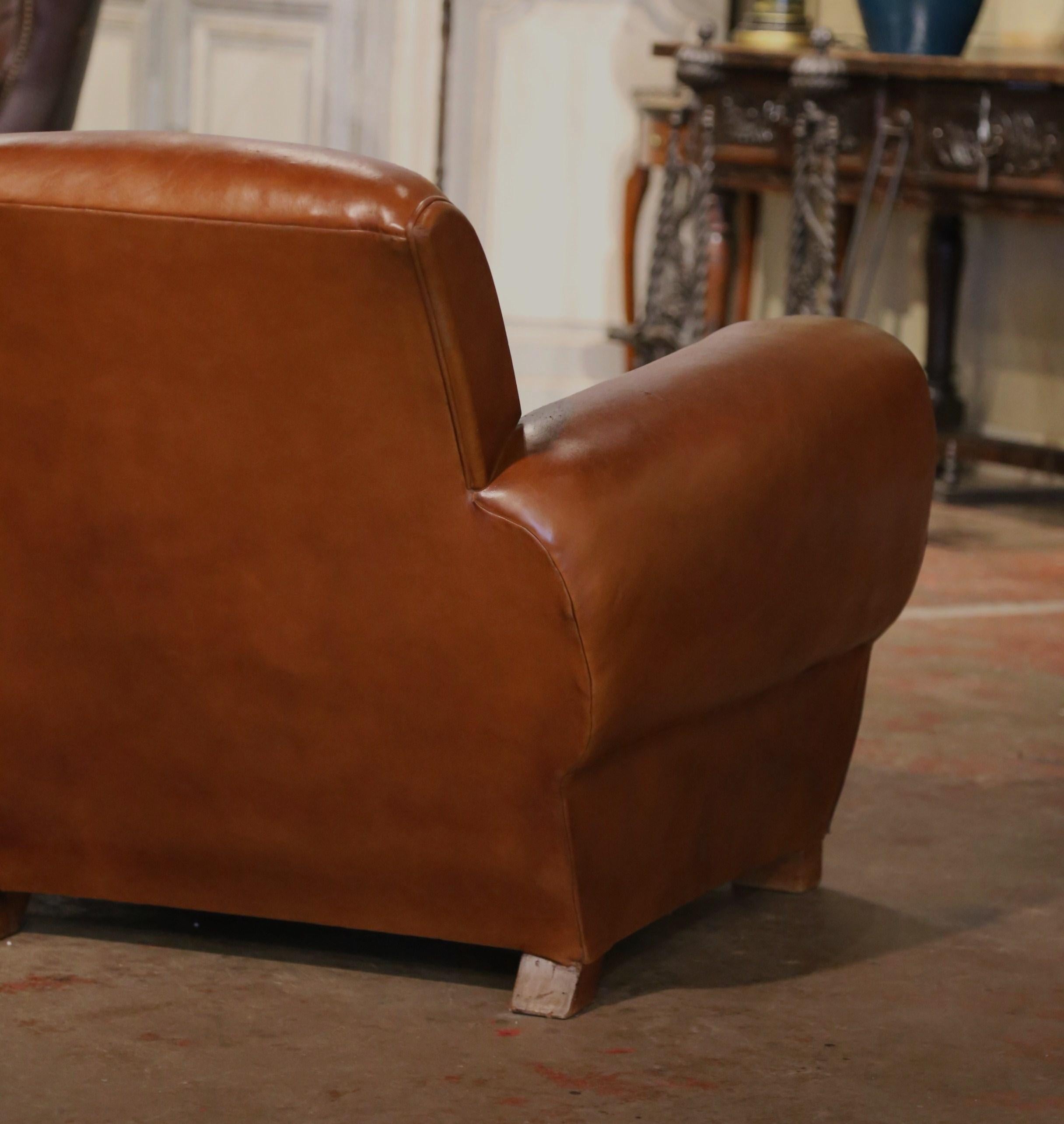 Pair of Early 20th Century French Club Armchairs with Original Brown Leather For Sale 6