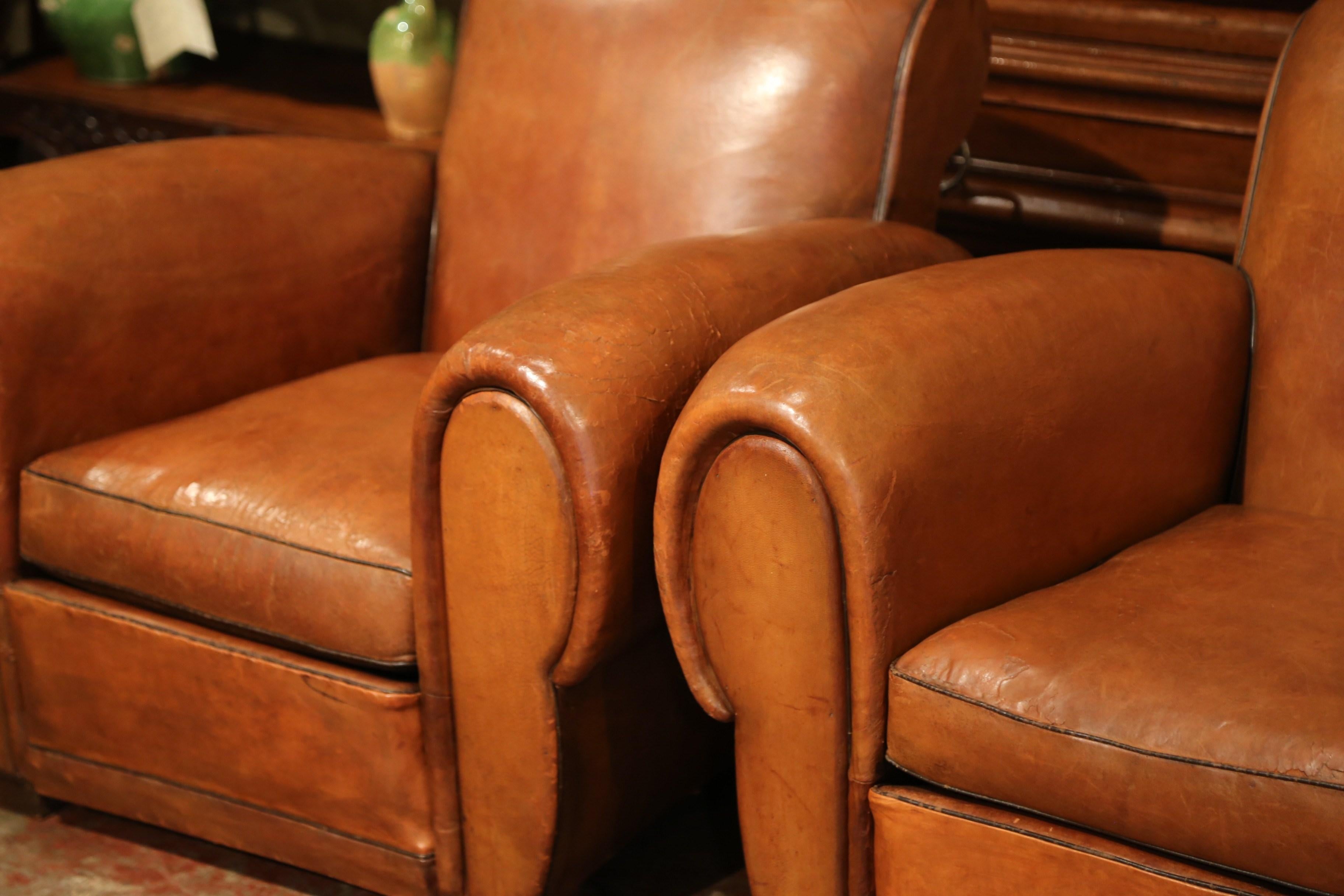 Art Deco Pair of Early 20th Century French Club Armchairs with Original Brown Leather