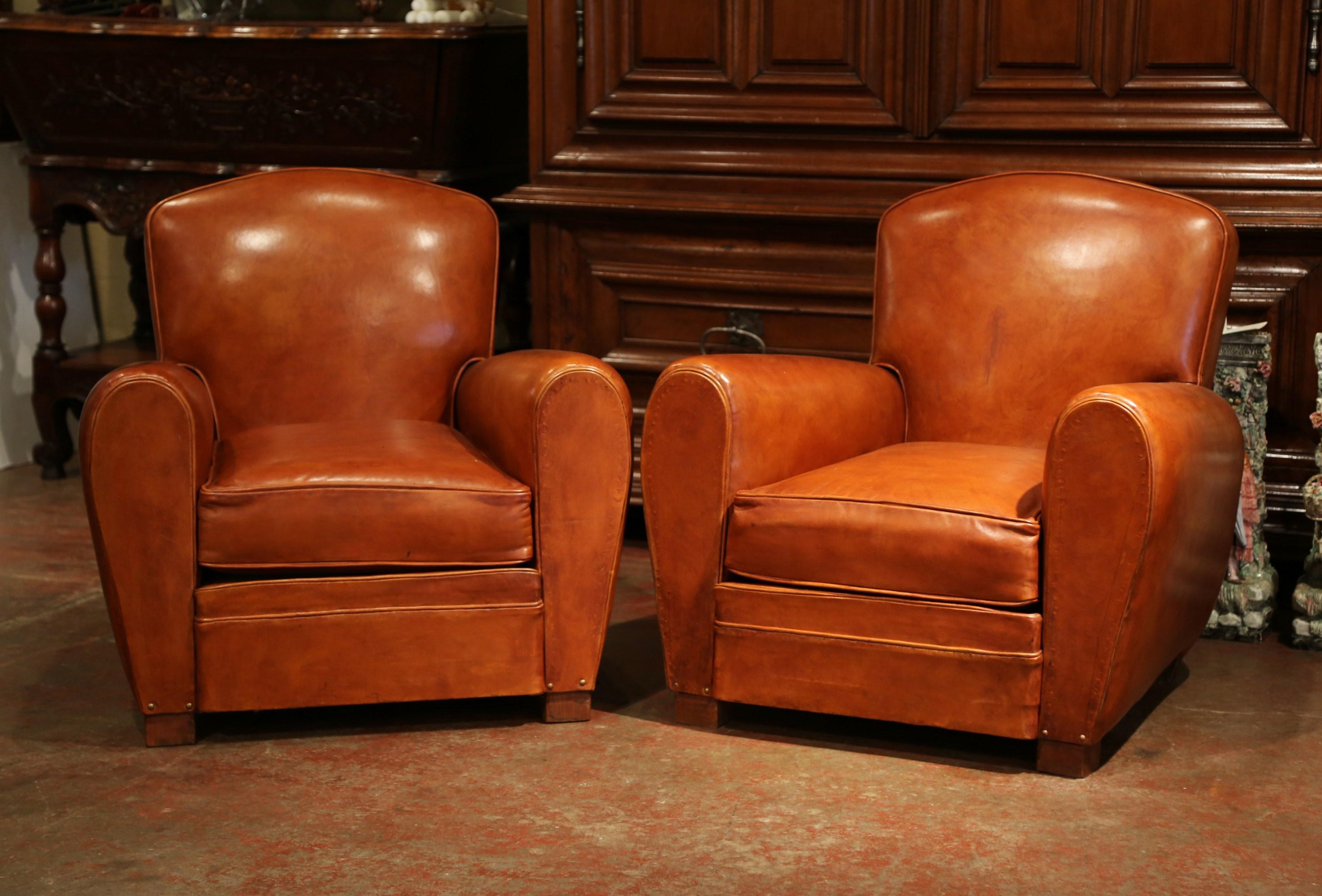Art Deco Pair of Early 20th Century French Club Armchairs with Original Brown Leather