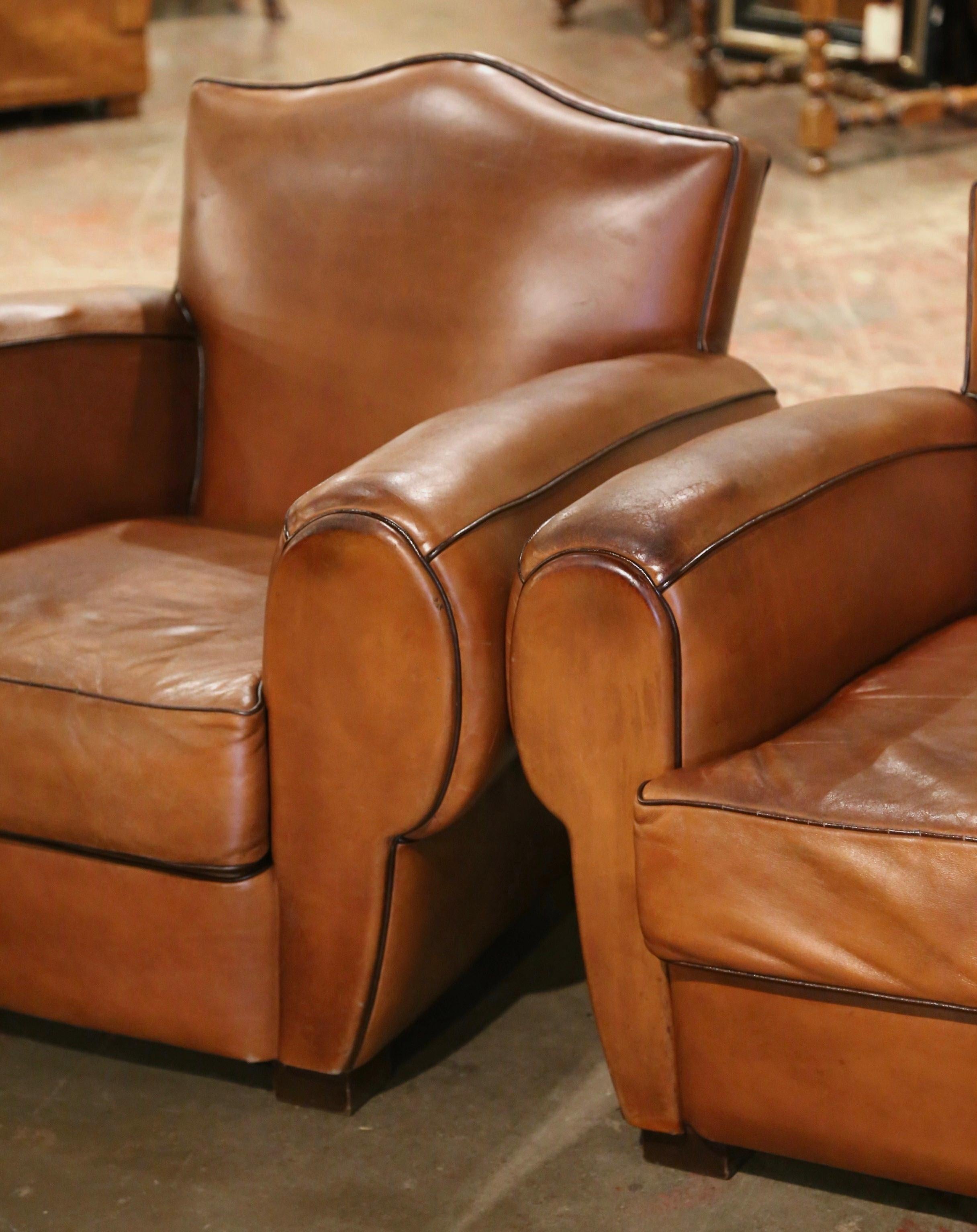 Art Deco Pair of Early 20th Century French Club Armchairs with Original Brown Leather