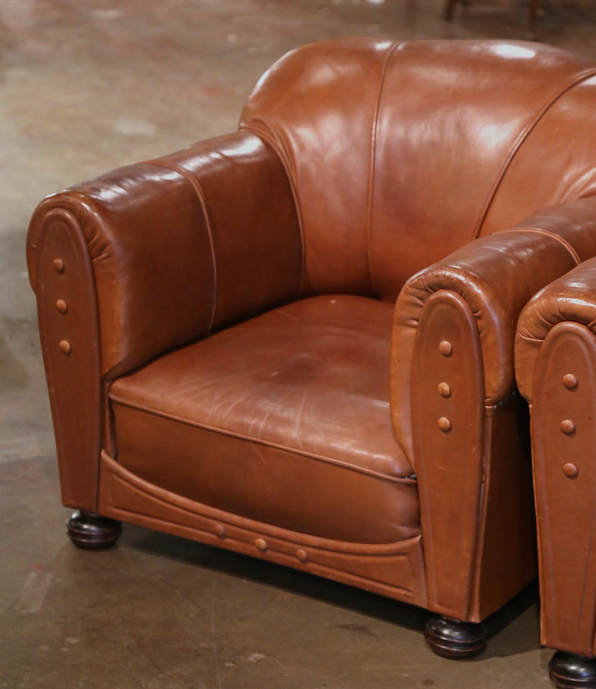 Art Deco Pair of Early 20th Century French Club Armchairs with Original Brown Leather For Sale