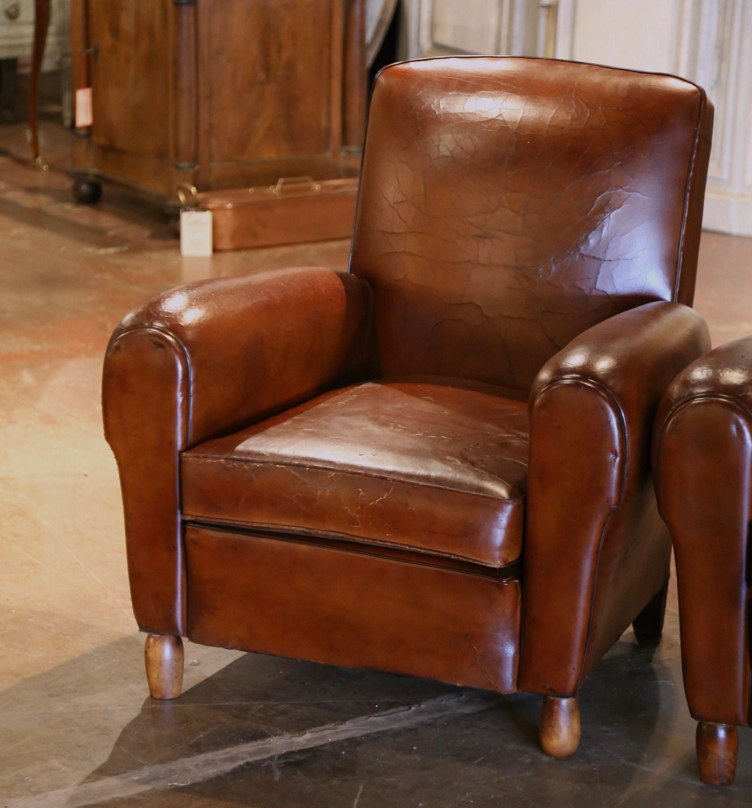 Art Deco Pair of Early 20th Century French Club Armchairs with Original Brown Leather For Sale