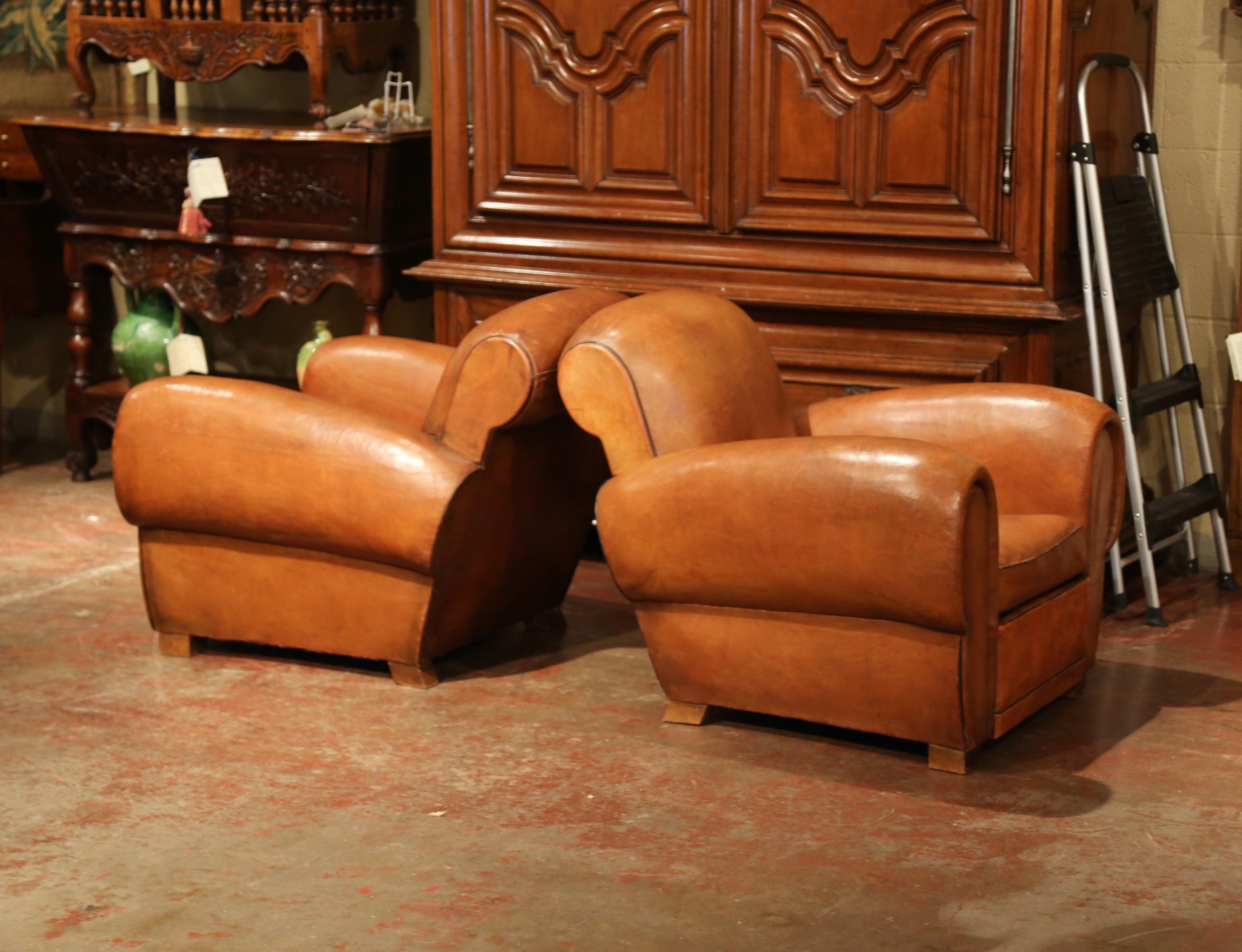 Hand-Crafted Pair of Early 20th Century French Club Armchairs with Original Brown Leather