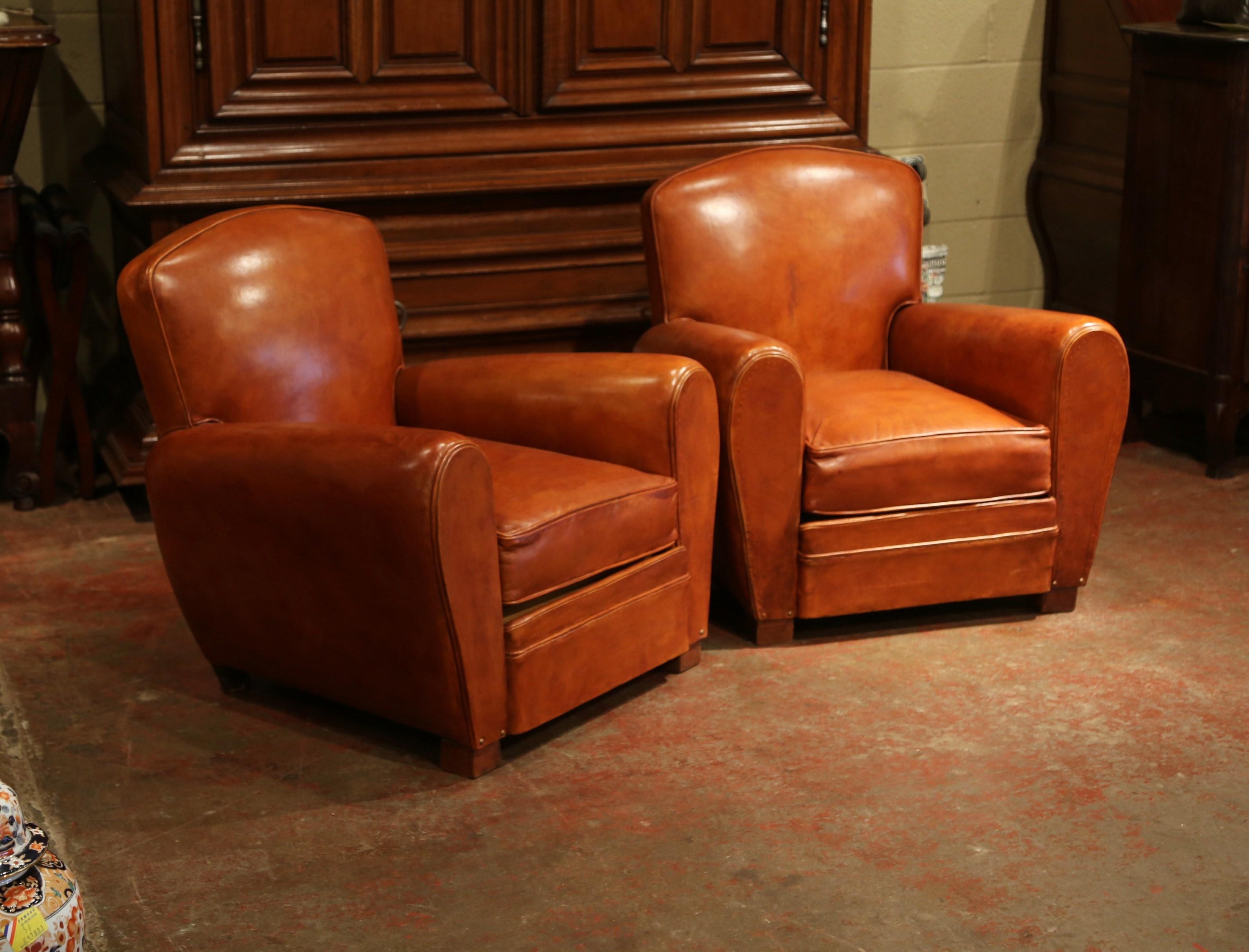 Patinated Pair of Early 20th Century French Club Armchairs with Original Brown Leather