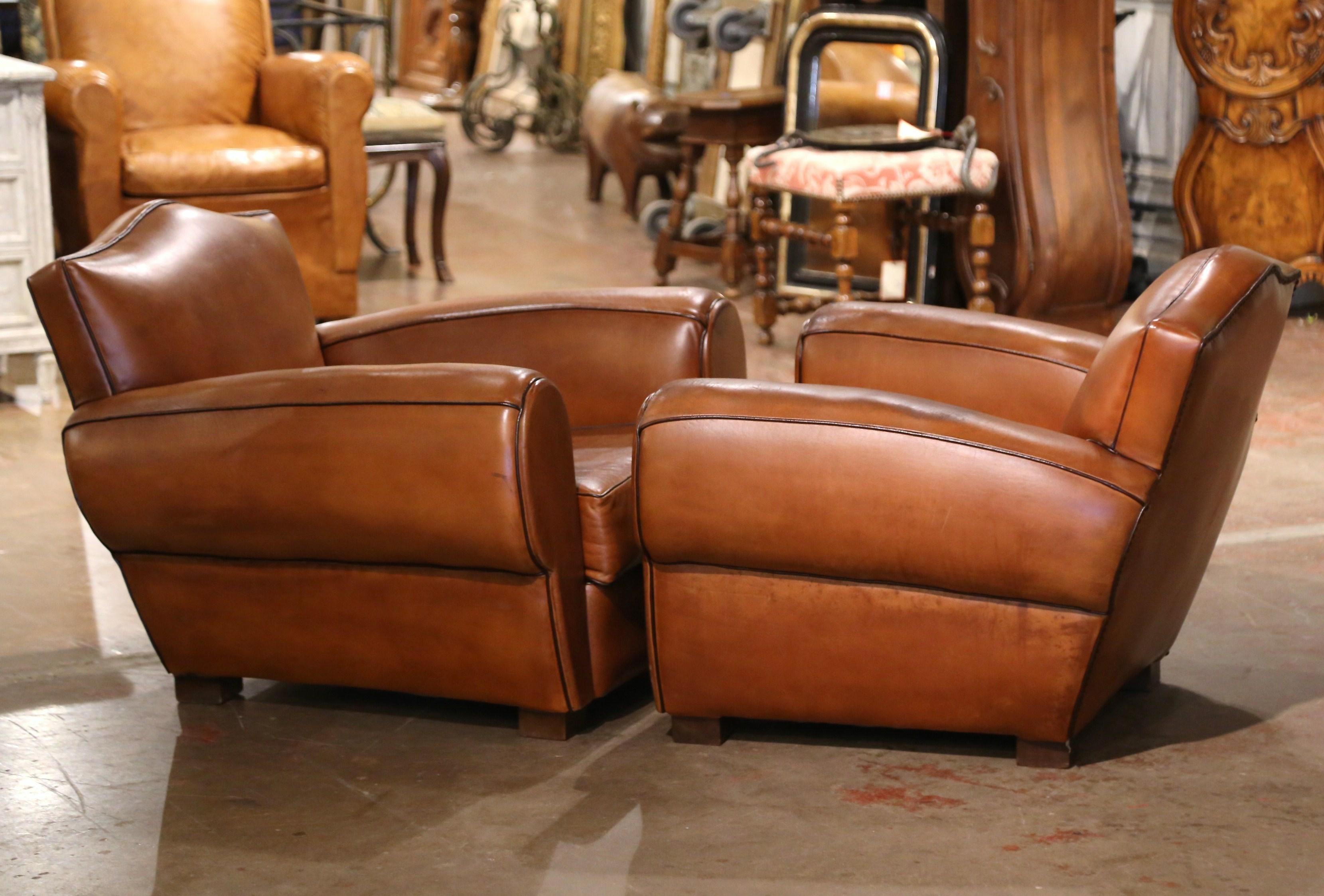 Hand-Crafted Pair of Early 20th Century French Club Armchairs with Original Brown Leather