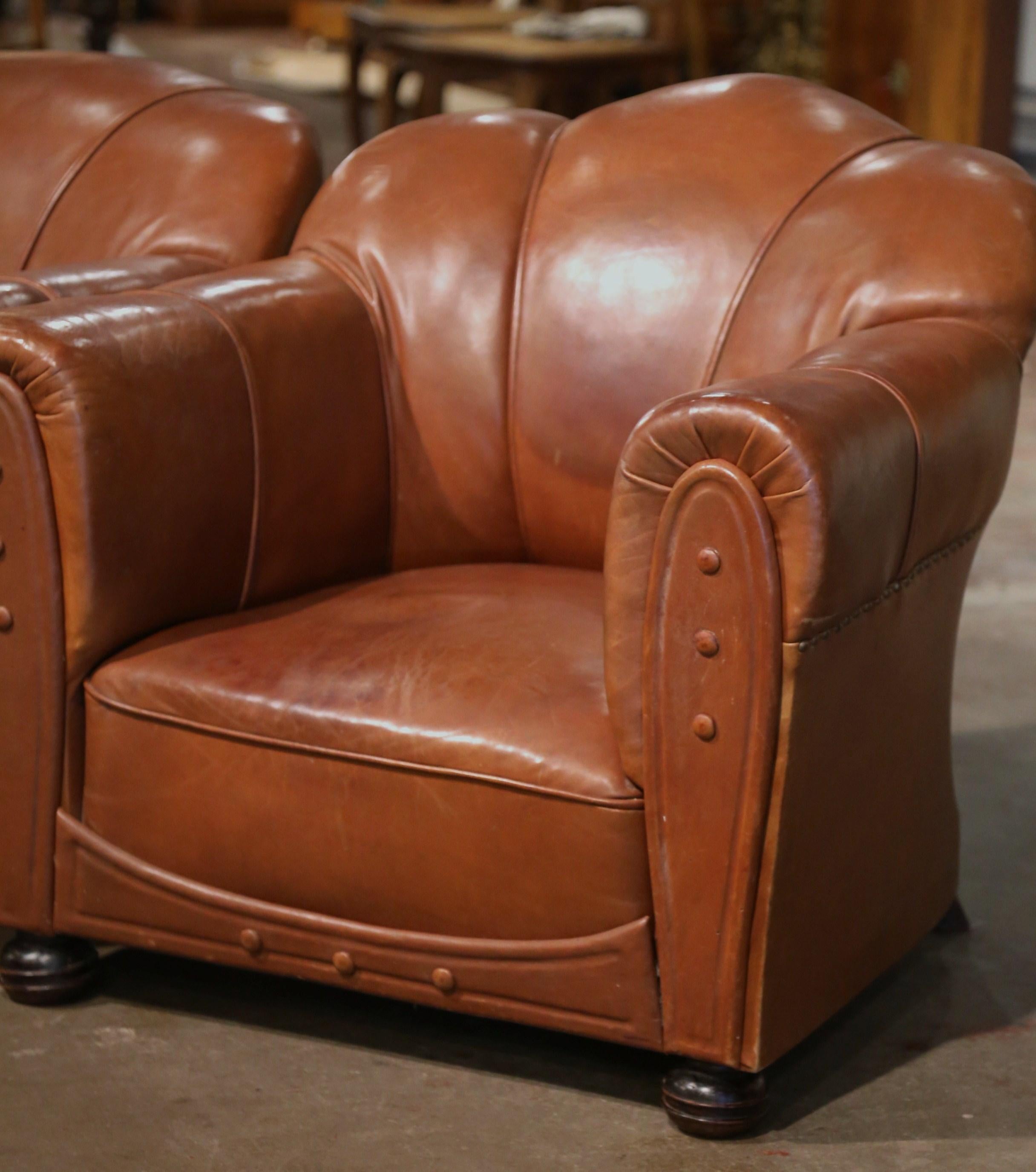 Patinated Pair of Early 20th Century French Club Armchairs with Original Brown Leather For Sale