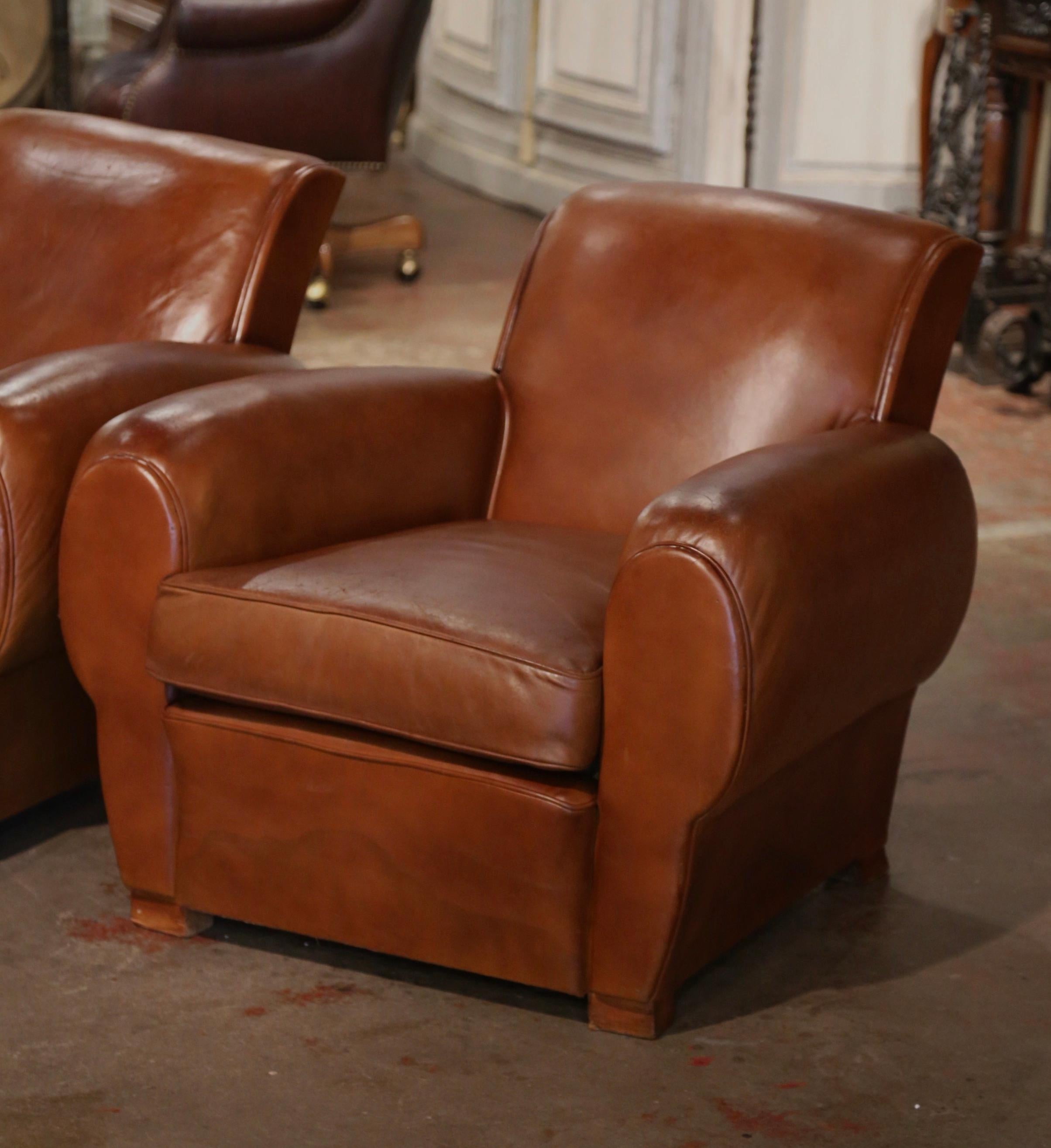 Hand-Crafted Pair of Early 20th Century French Club Armchairs with Original Brown Leather For Sale