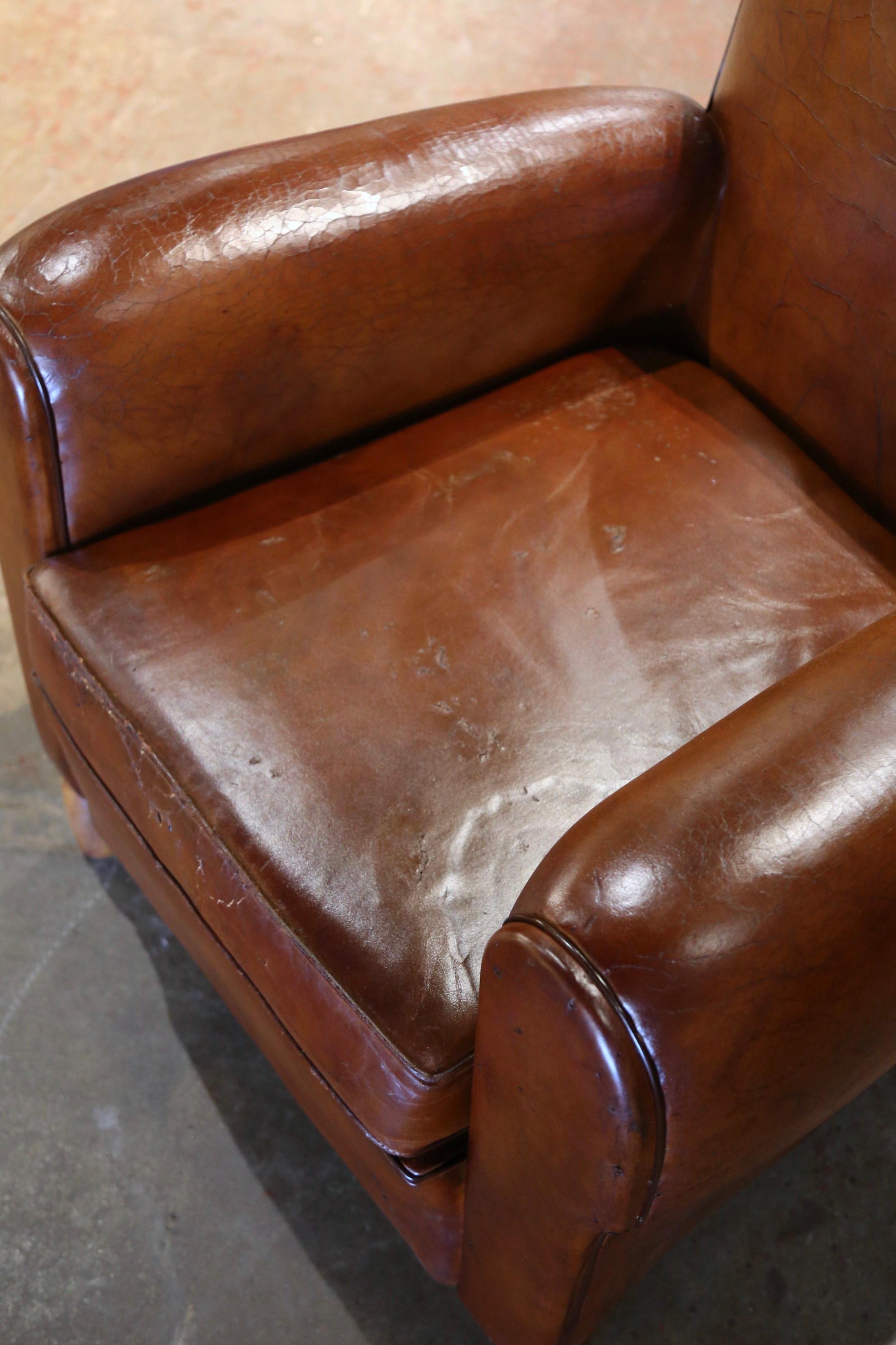 Hand-Crafted Pair of Early 20th Century French Club Armchairs with Original Brown Leather For Sale