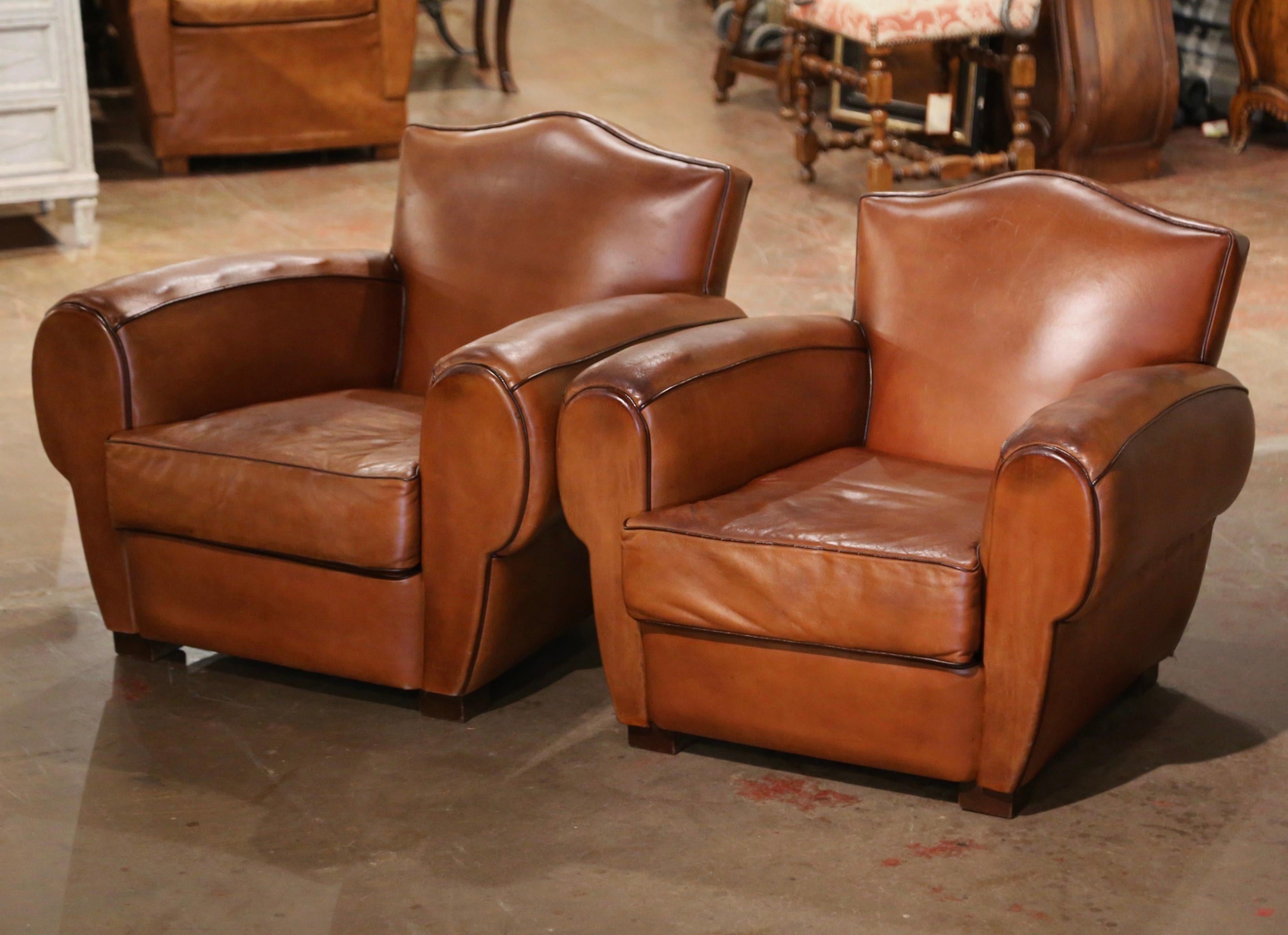 Pair of Early 20th Century French Club Armchairs with Original Brown Leather In Excellent Condition In Dallas, TX