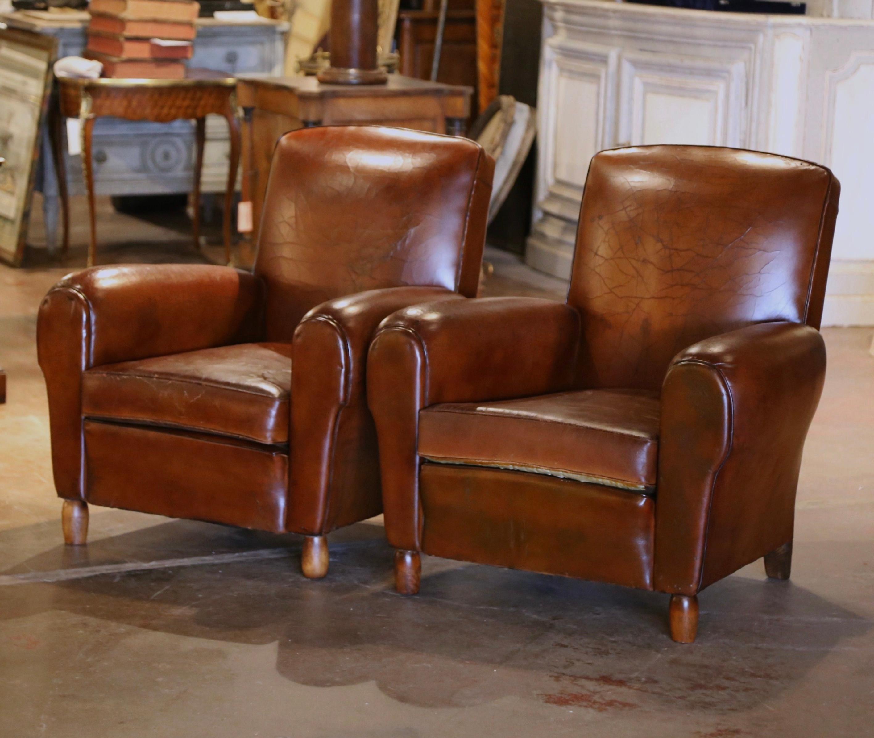 Pair of Early 20th Century French Club Armchairs with Original Brown Leather In Fair Condition For Sale In Dallas, TX