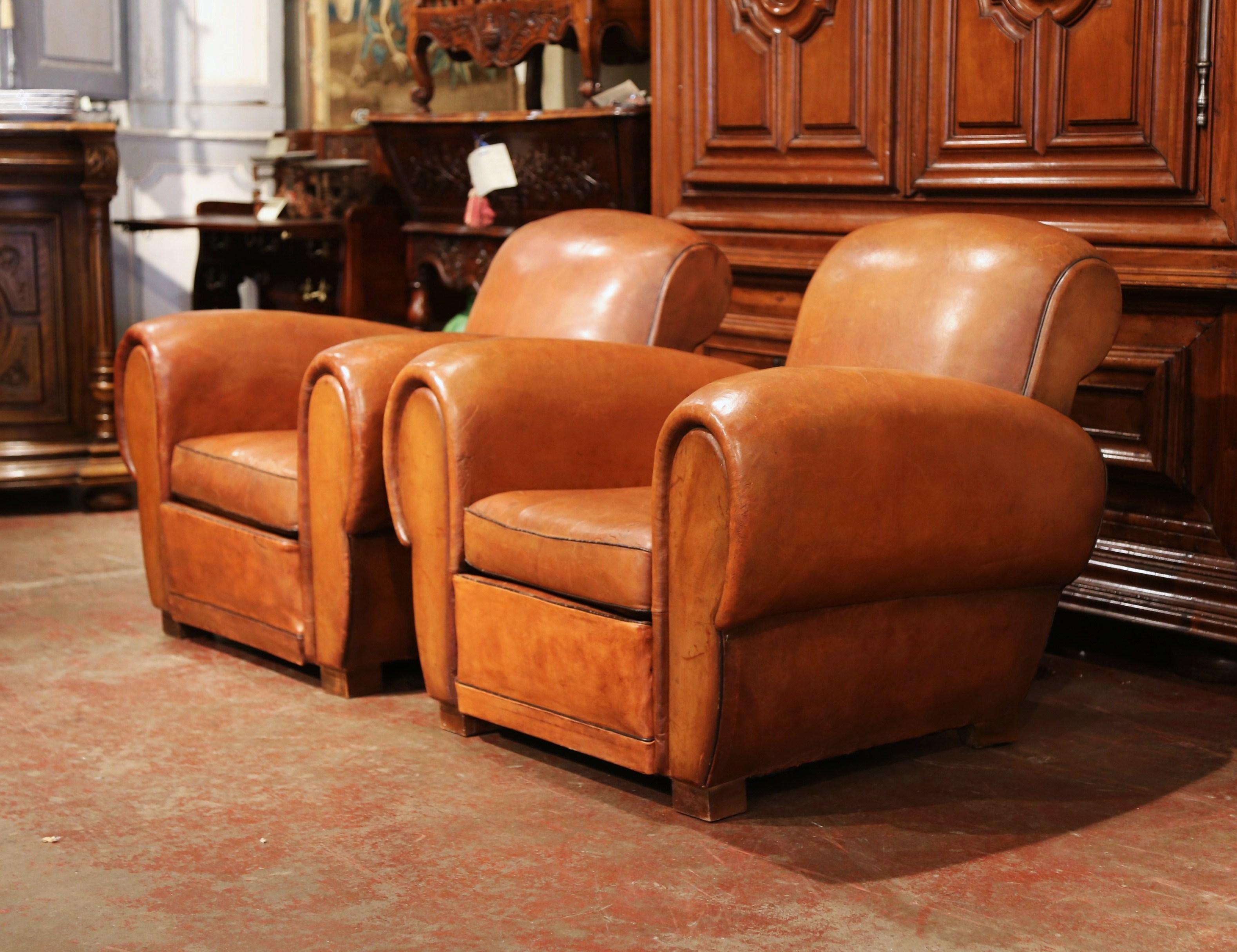 Pair of Early 20th Century French Club Armchairs with Original Brown Leather 1