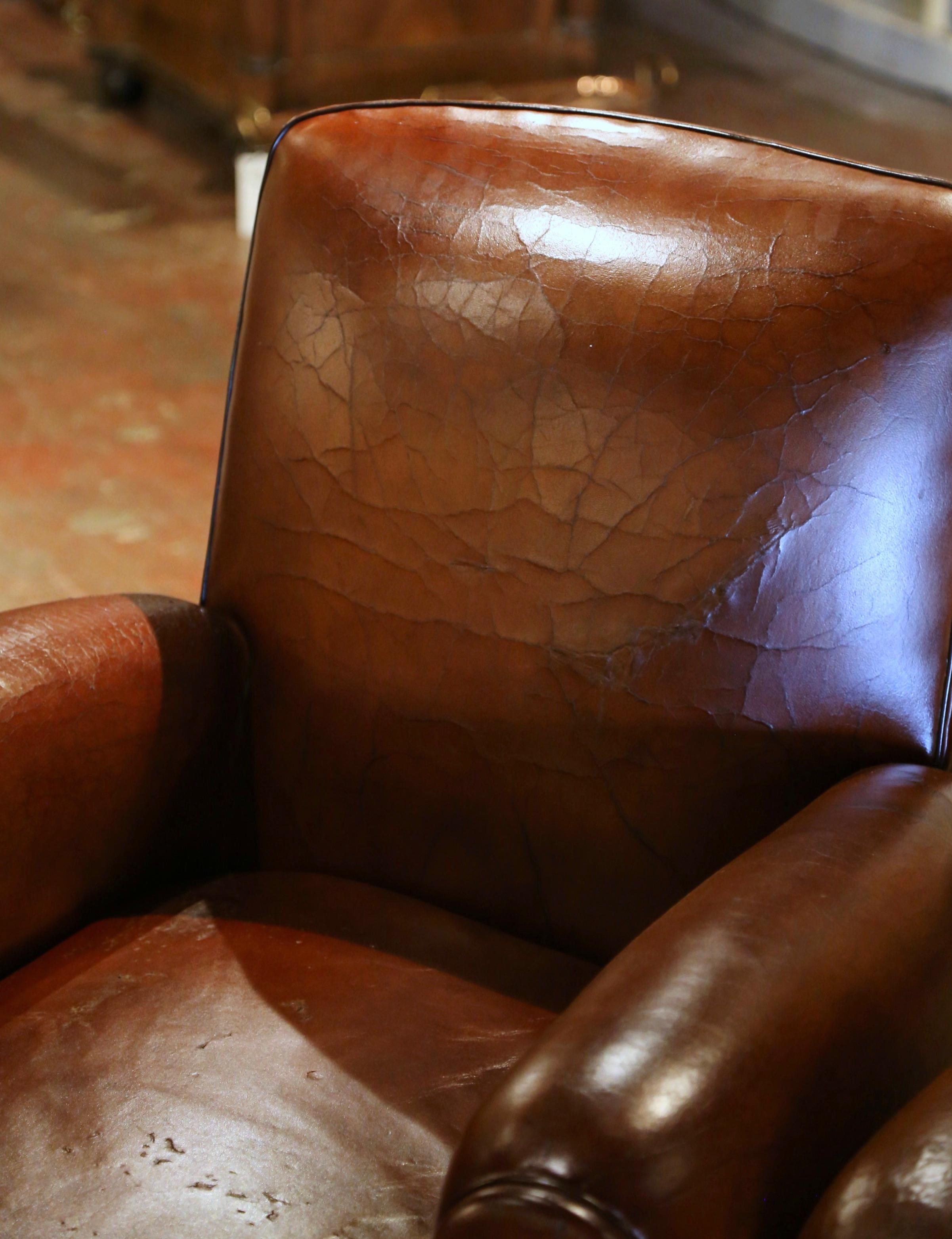 Pair of Early 20th Century French Club Armchairs with Original Brown Leather For Sale 1