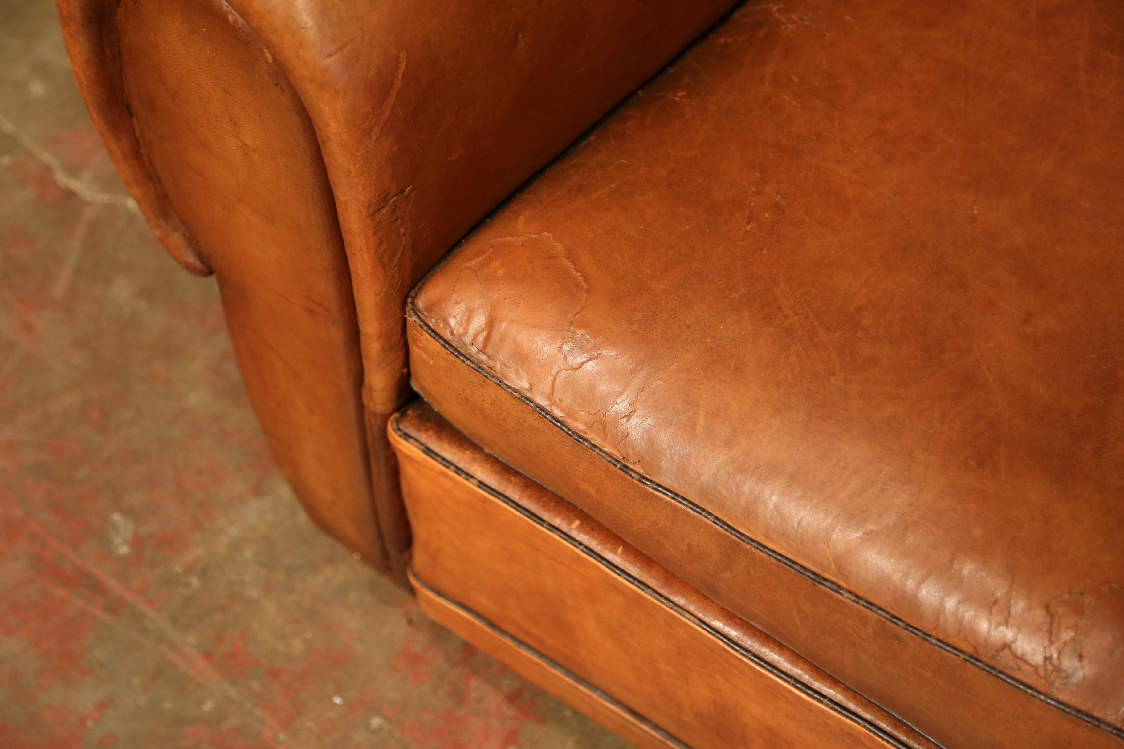 Pair of Early 20th Century French Club Armchairs with Original Brown Leather 2