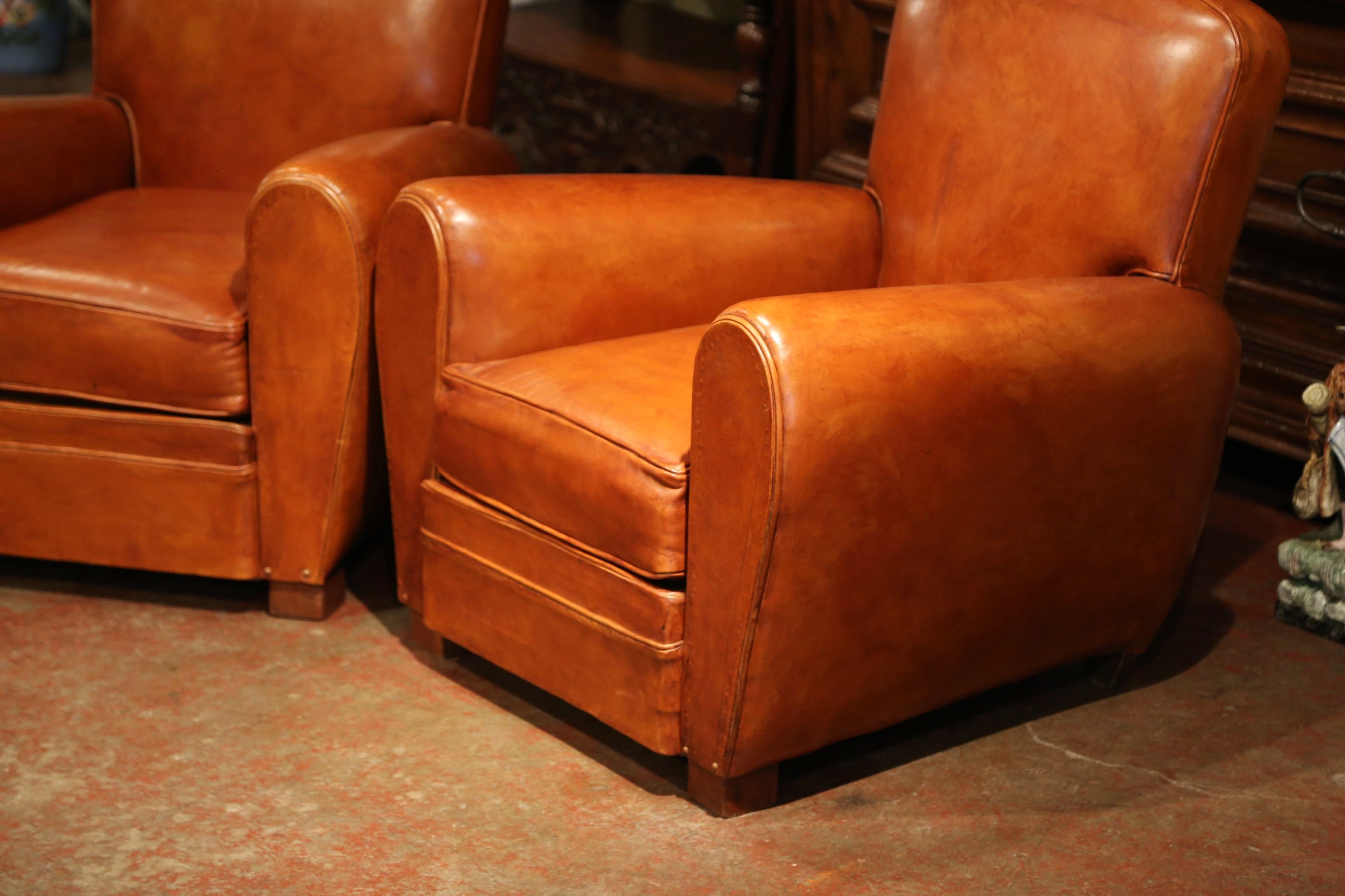 Pair of Early 20th Century French Club Armchairs with Original Brown Leather 2