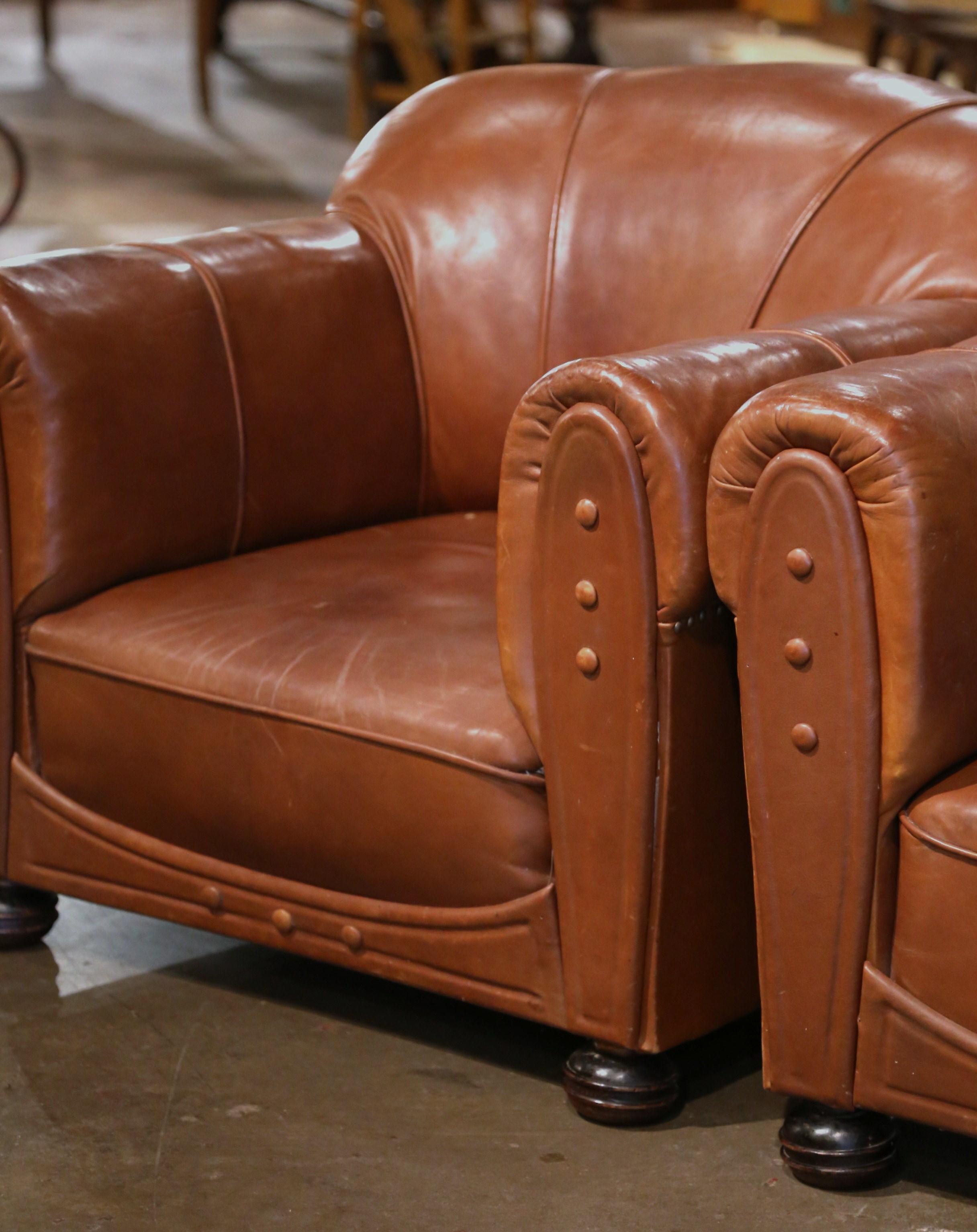 Pair of Early 20th Century French Club Armchairs with Original Brown Leather For Sale 2