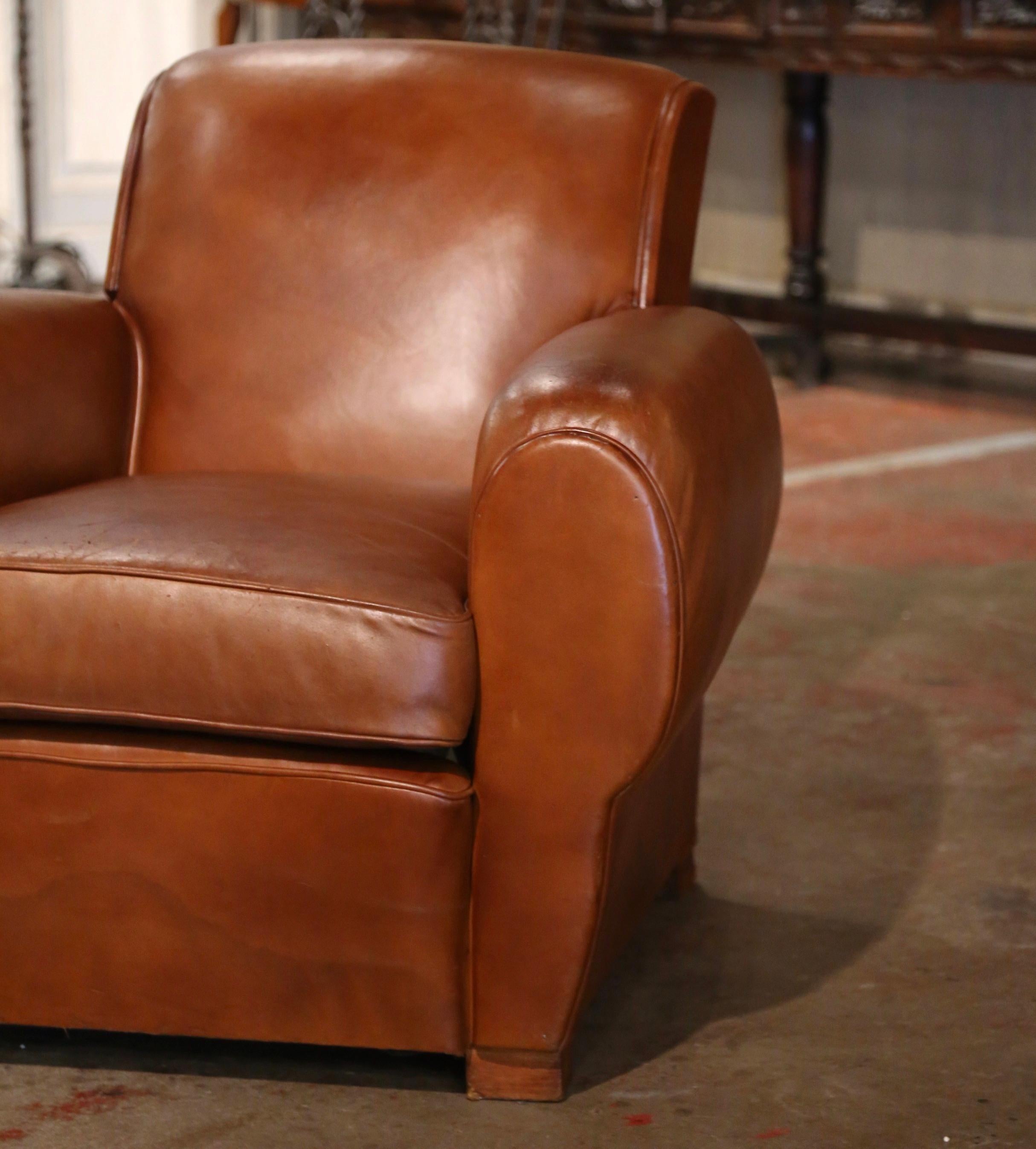 Pair of Early 20th Century French Club Armchairs with Original Brown Leather For Sale 2