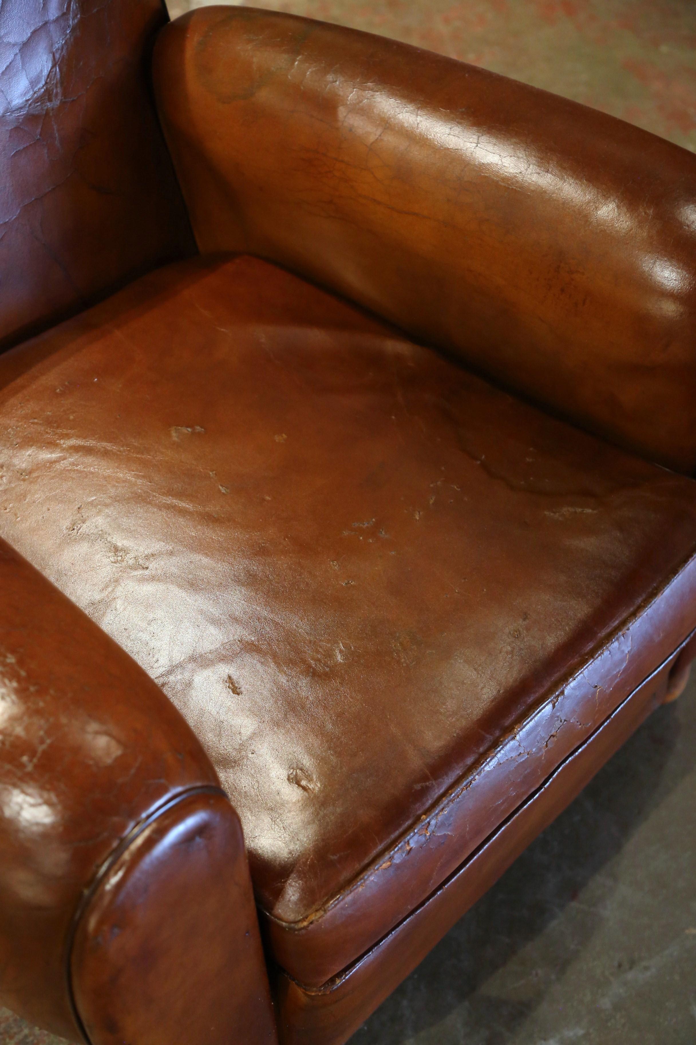 Pair of Early 20th Century French Club Armchairs with Original Brown Leather For Sale 2