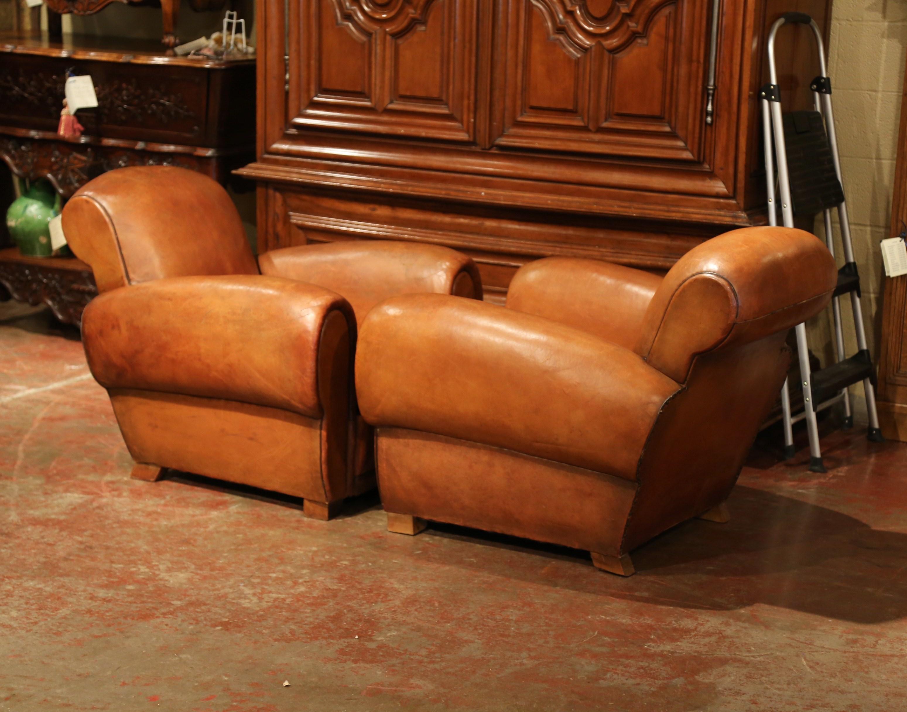 Pair of Early 20th Century French Club Armchairs with Original Brown Leather 3