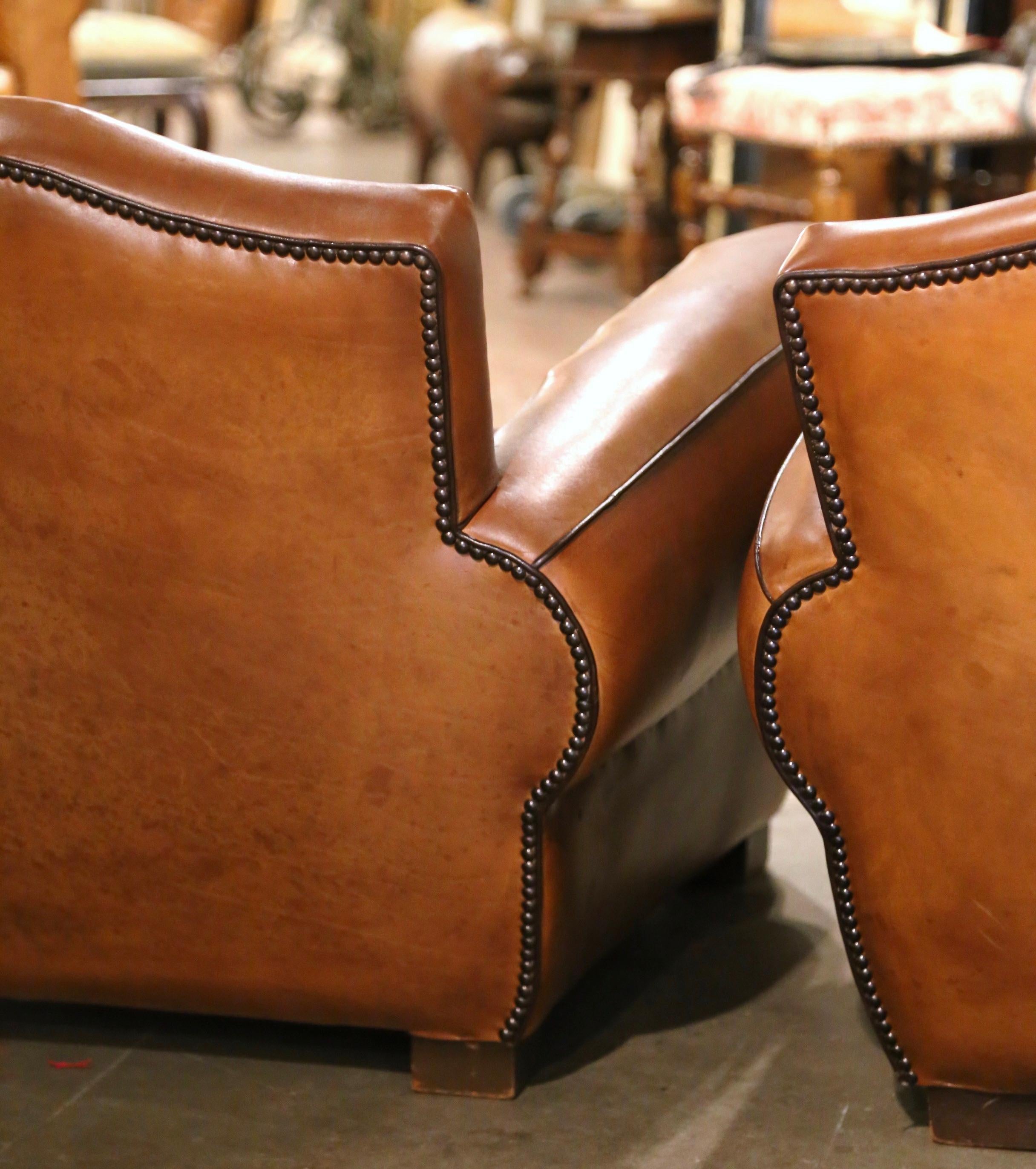 Pair of Early 20th Century French Club Armchairs with Original Brown Leather 3