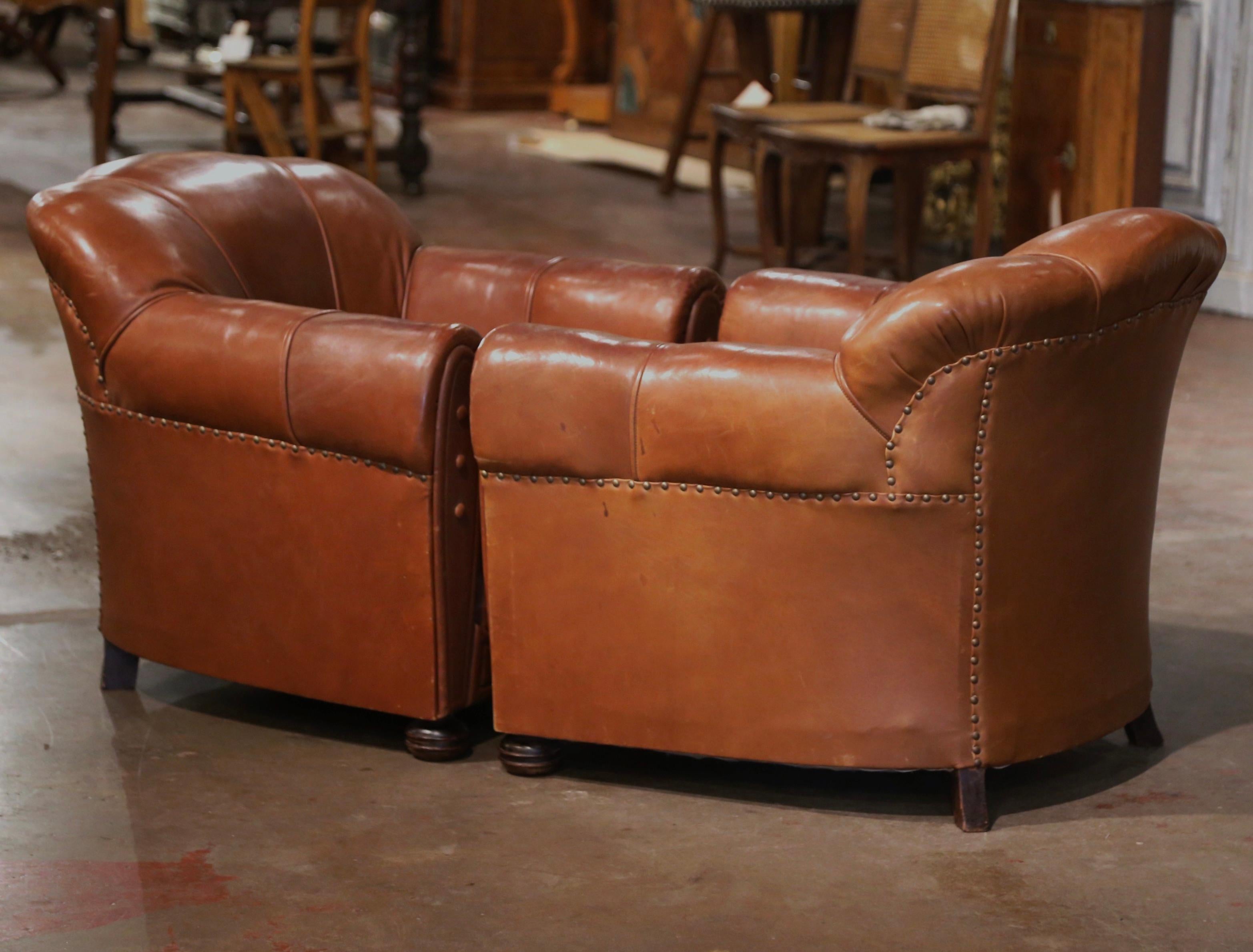 Pair of Early 20th Century French Club Armchairs with Original Brown Leather For Sale 3