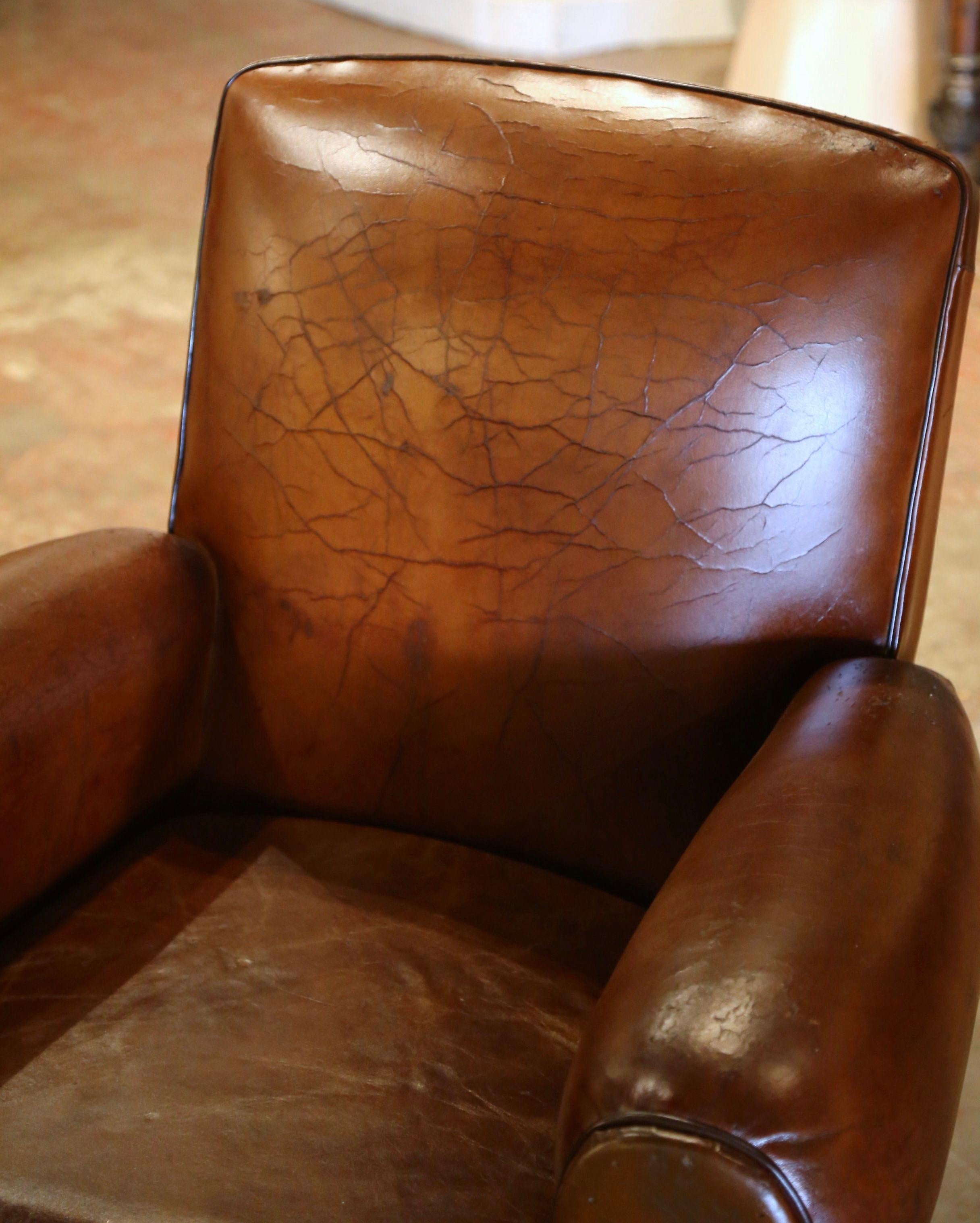 Pair of Early 20th Century French Club Armchairs with Original Brown Leather For Sale 3