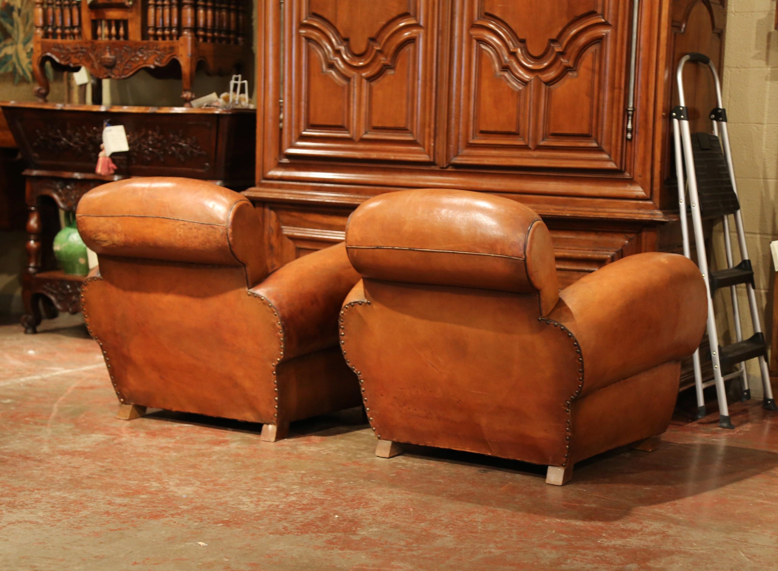Pair of Early 20th Century French Club Armchairs with Original Brown Leather 4