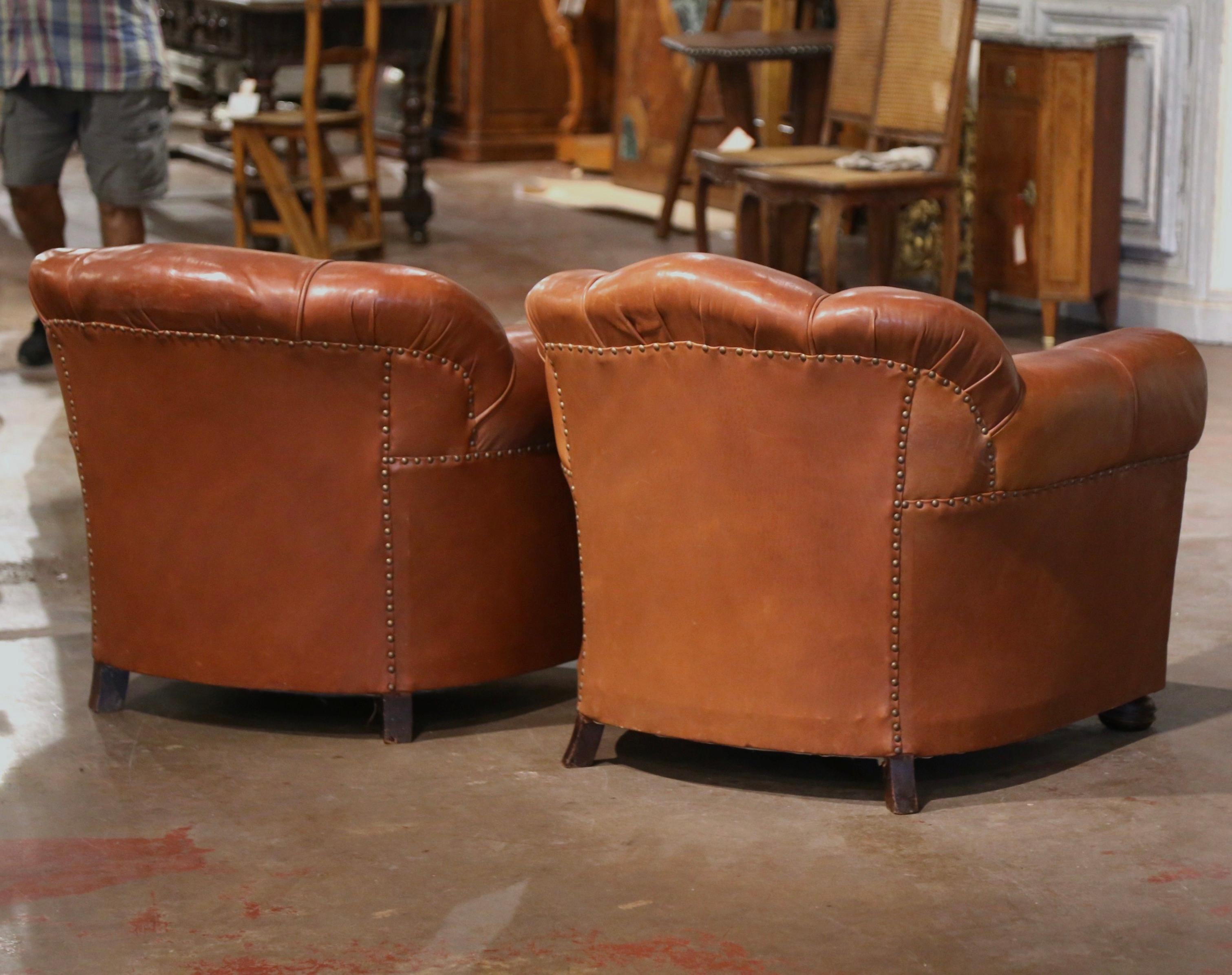 Pair of Early 20th Century French Club Armchairs with Original Brown Leather For Sale 4