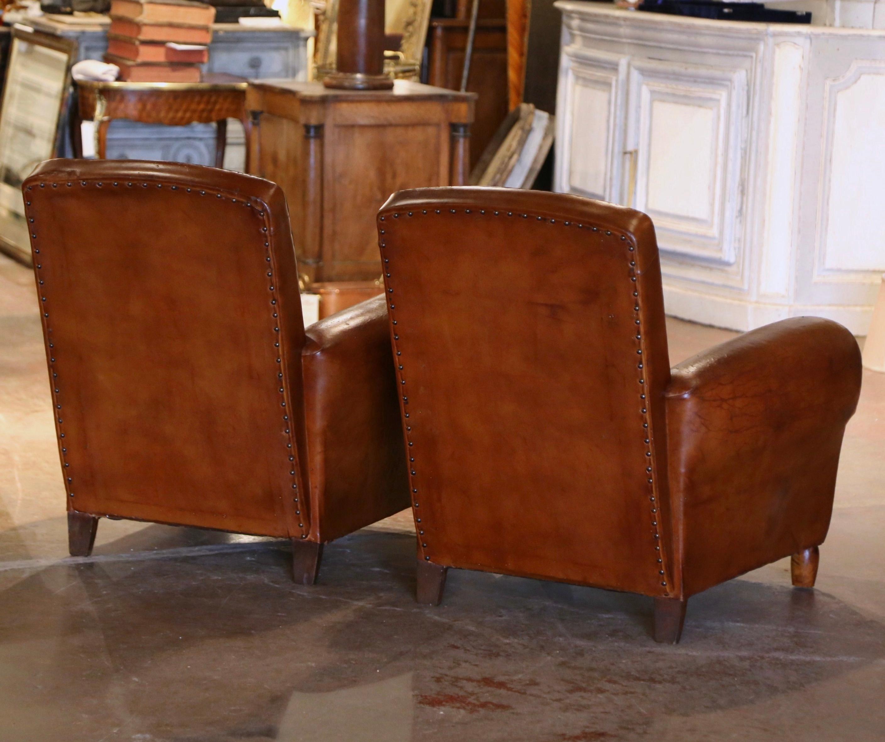 Pair of Early 20th Century French Club Armchairs with Original Brown Leather For Sale 4