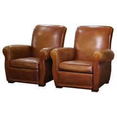 Antique Pair of Early 20th Century French Club Armchairs with Original Brown Leather