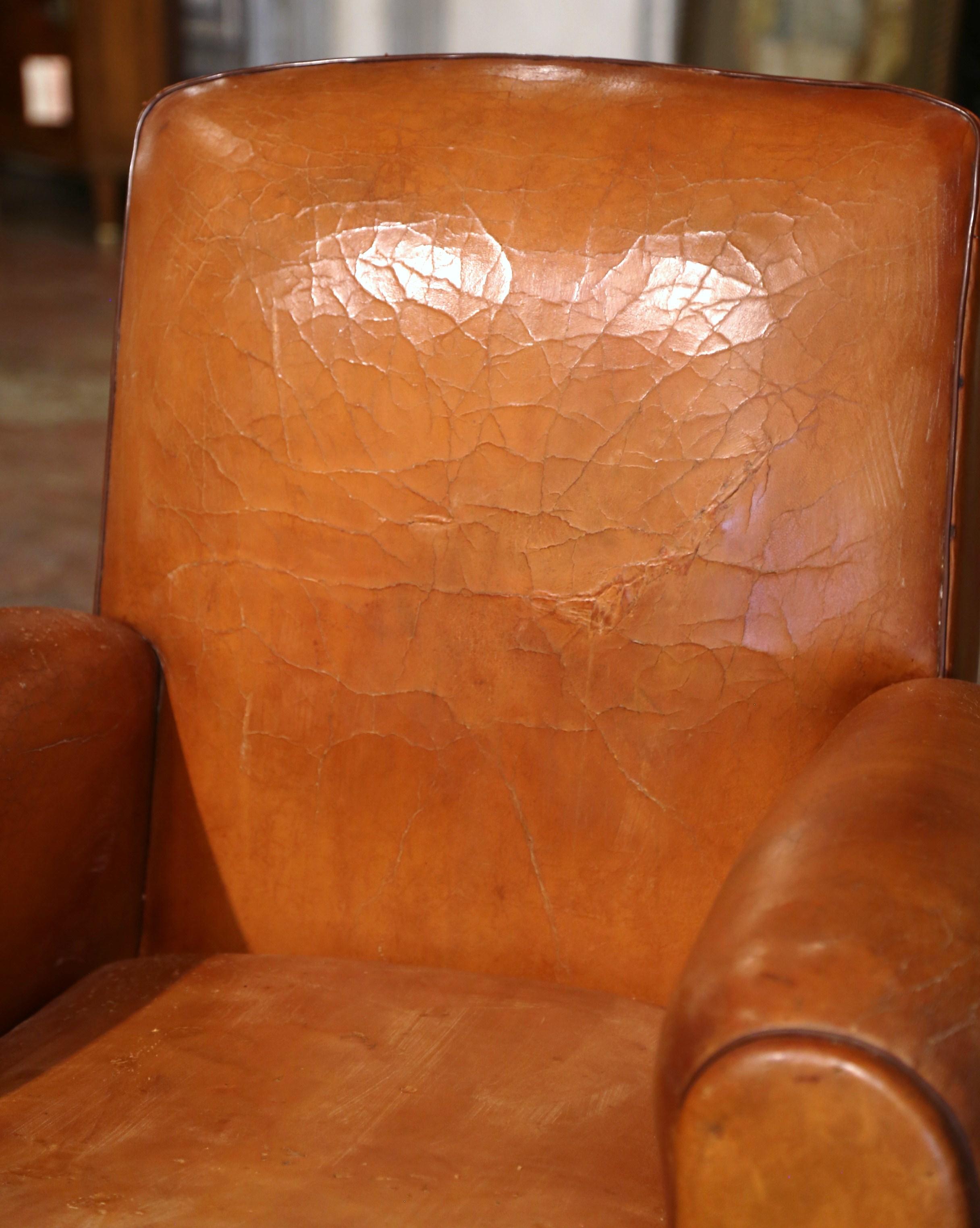 Hand-Crafted Pair of Early 20th Century French Club Armchairs with Original Tan Leather