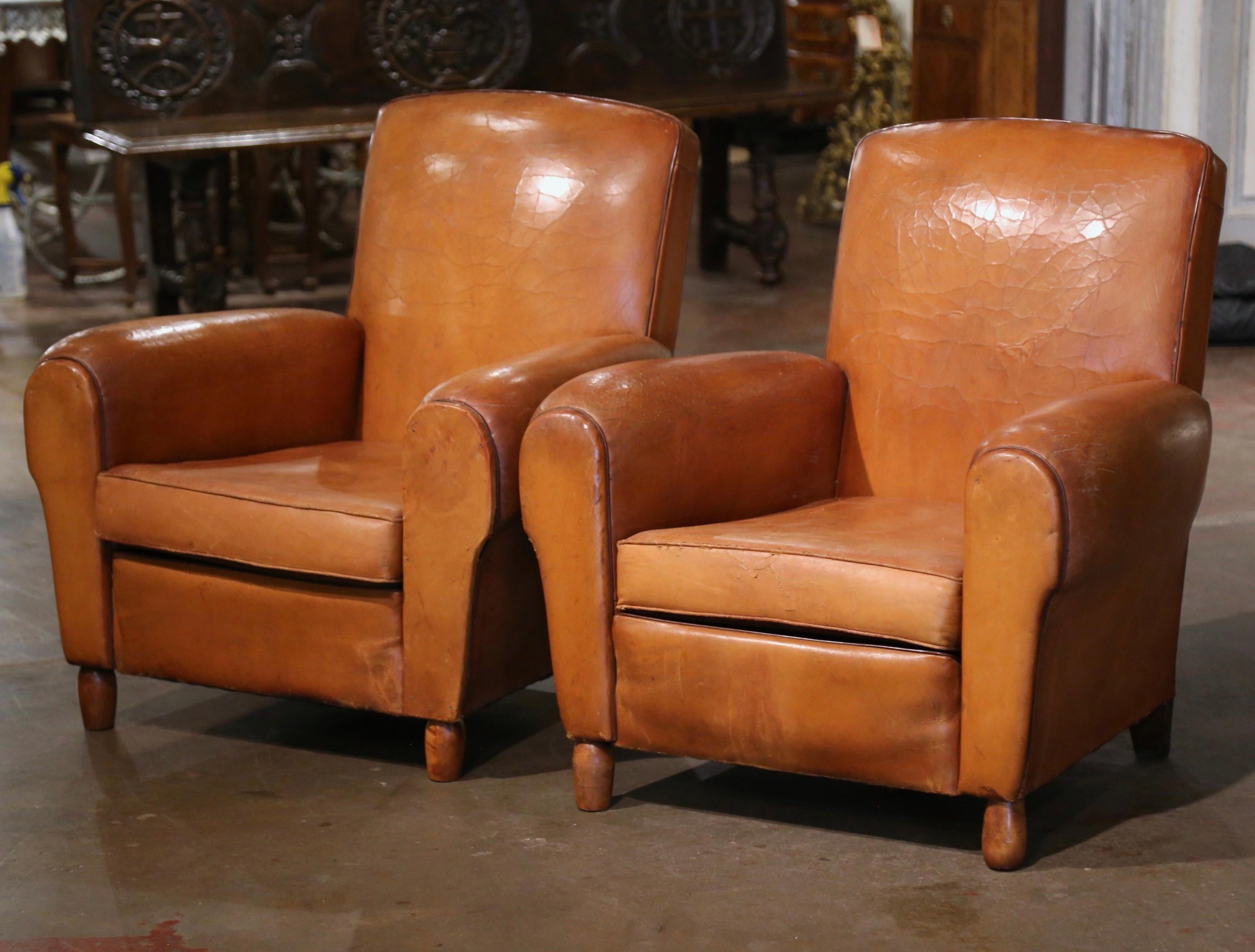 Pair of Early 20th Century French Club Armchairs with Original Tan Leather In Excellent Condition In Dallas, TX