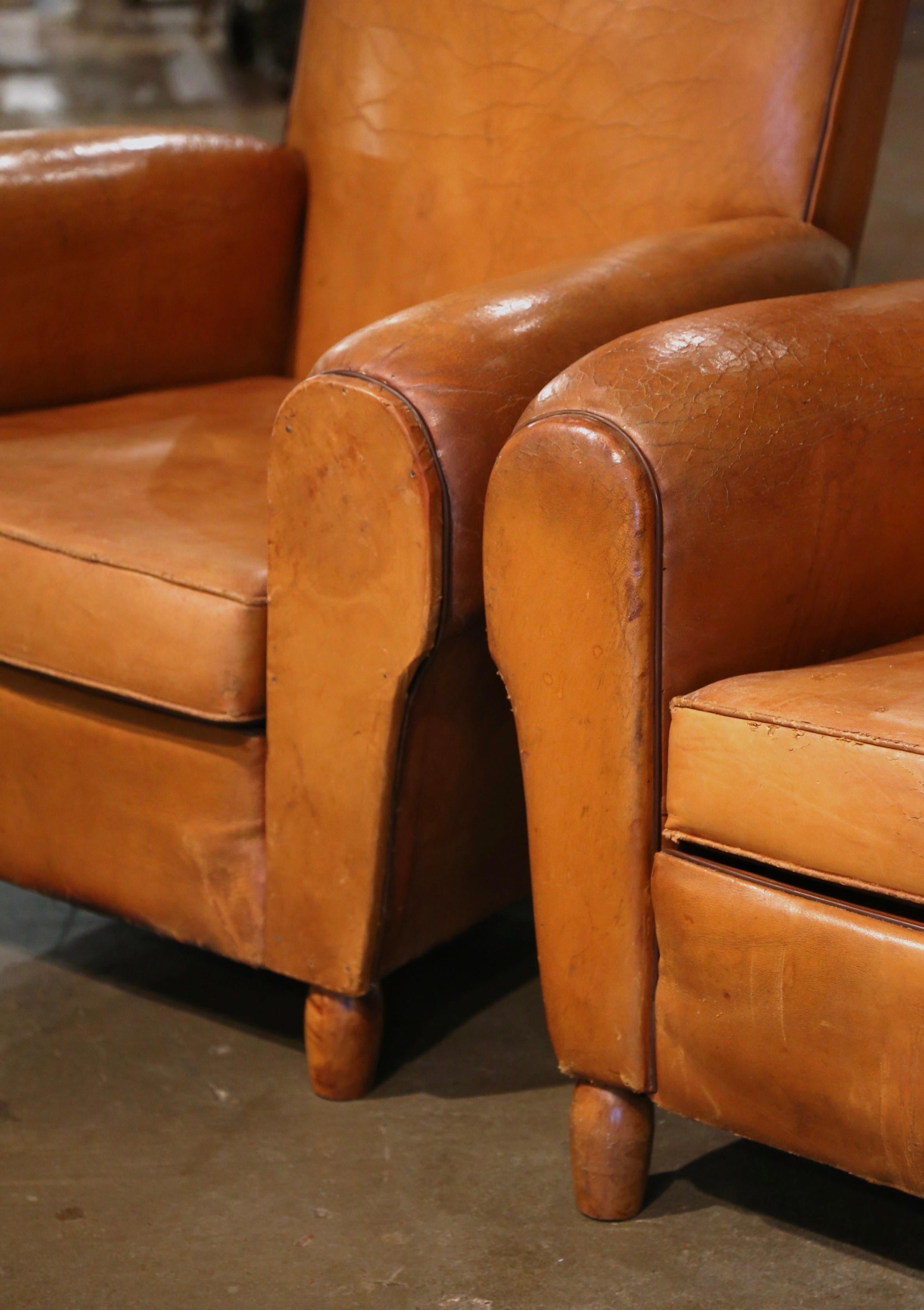 Pair of Early 20th Century French Club Armchairs with Original Tan Leather 1