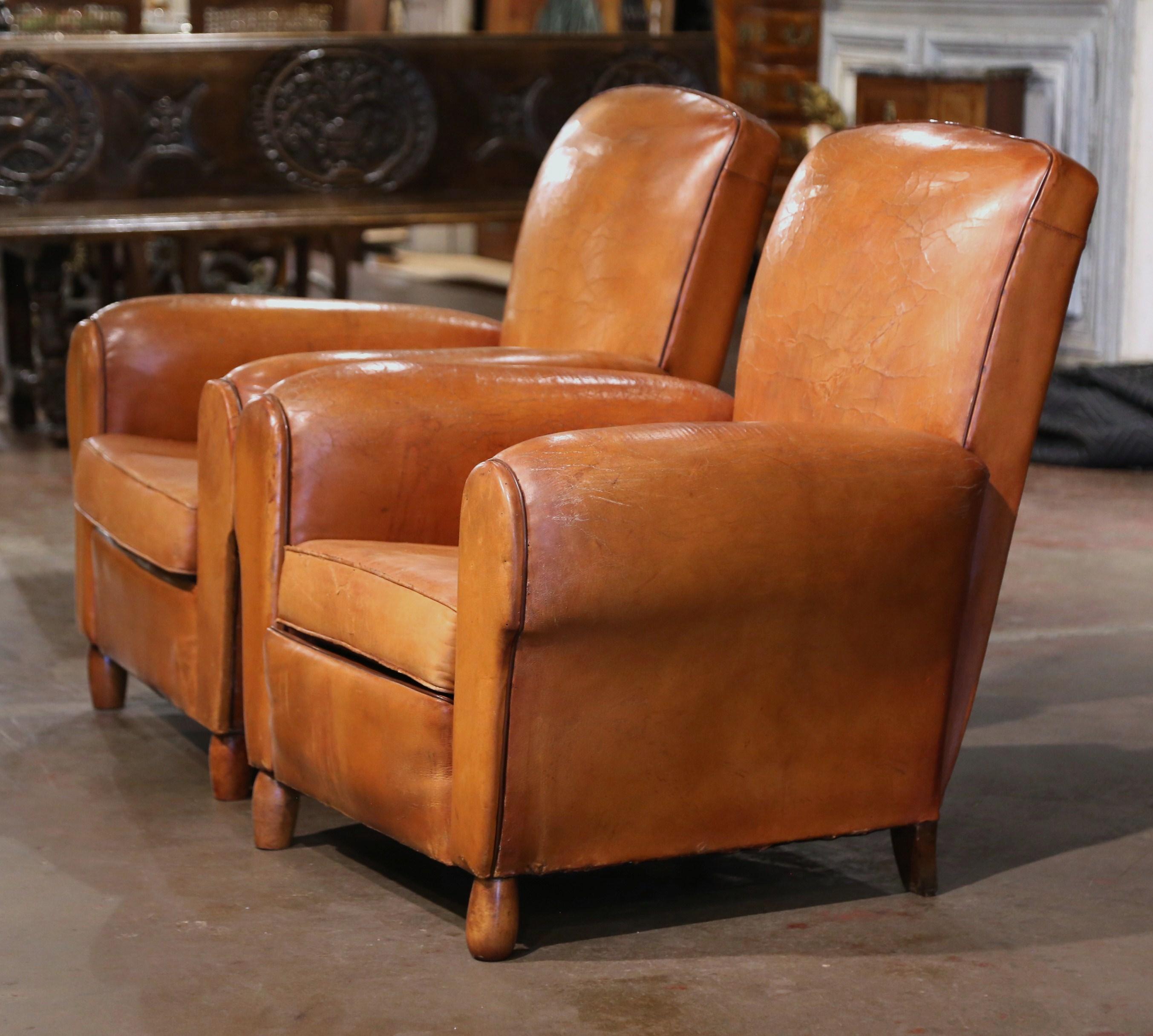 Pair of Early 20th Century French Club Armchairs with Original Tan Leather 2