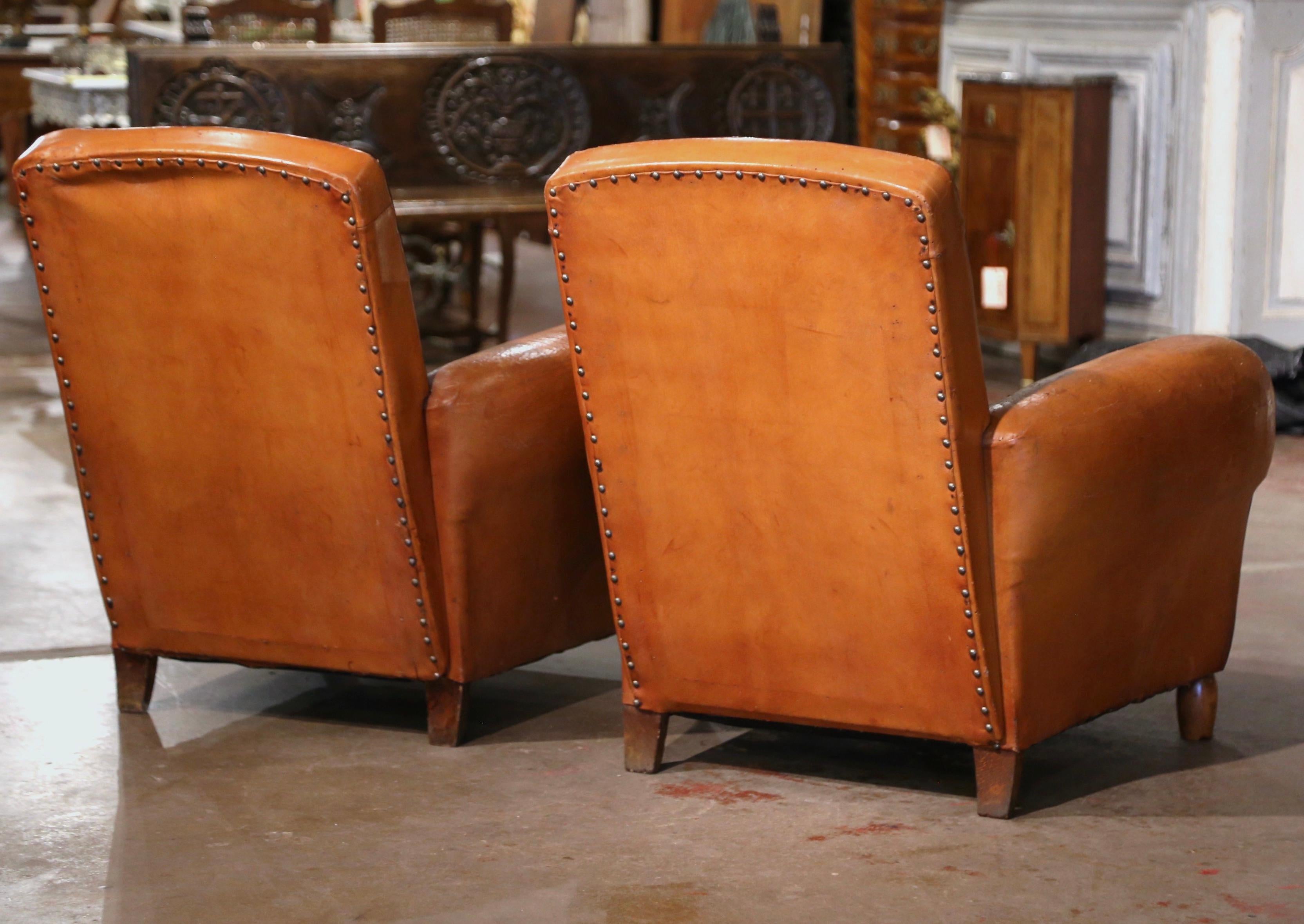 Pair of Early 20th Century French Club Armchairs with Original Tan Leather 3
