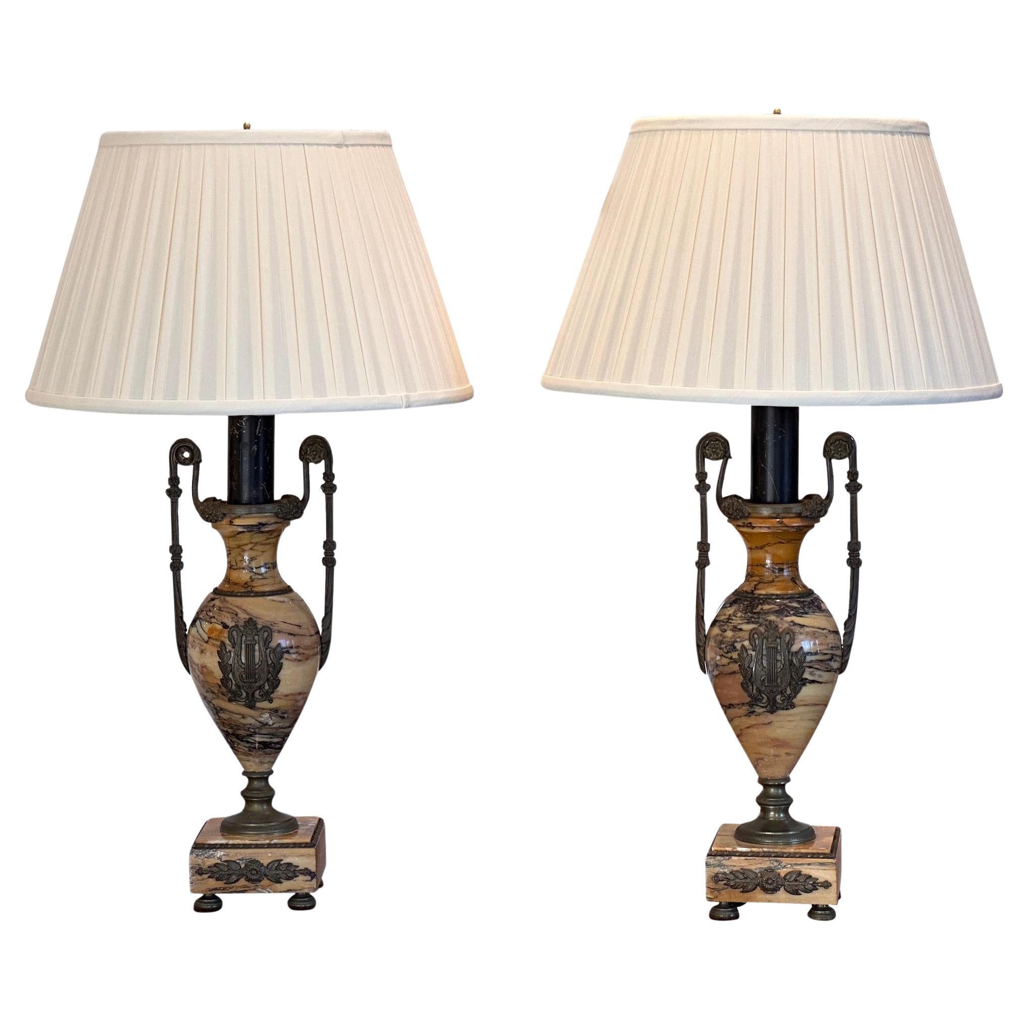 Pair of Early 20th Century French Empire Marble Lamps For Sale