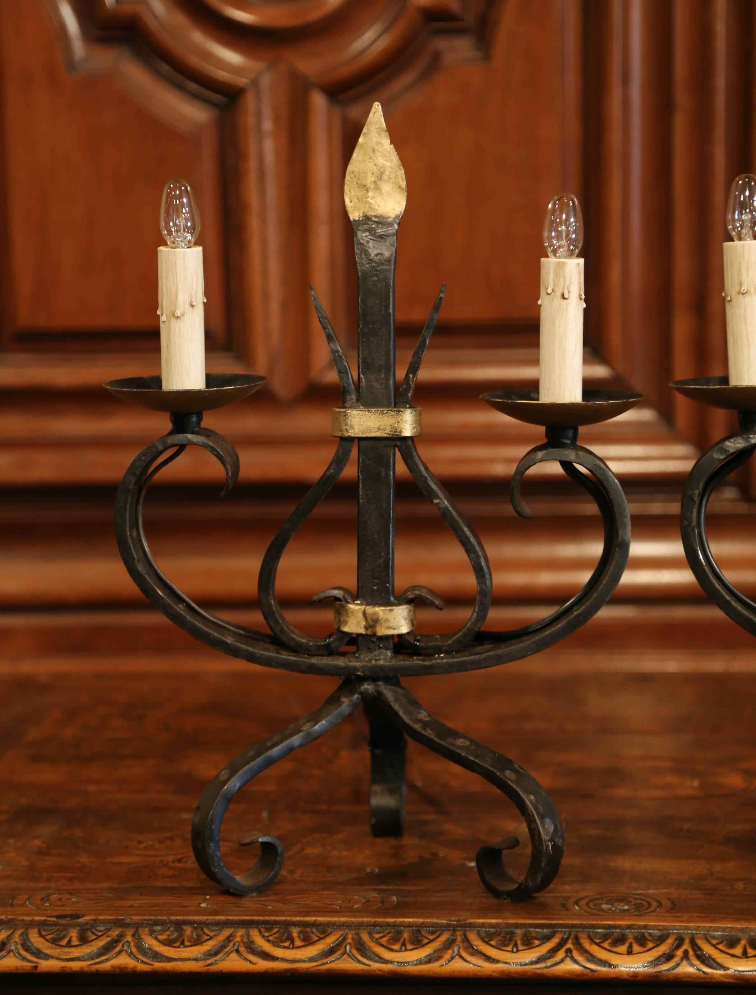 Pair of Early 20th Century French Gothic Forged Iron Two-Light Candelabras In Excellent Condition For Sale In Dallas, TX