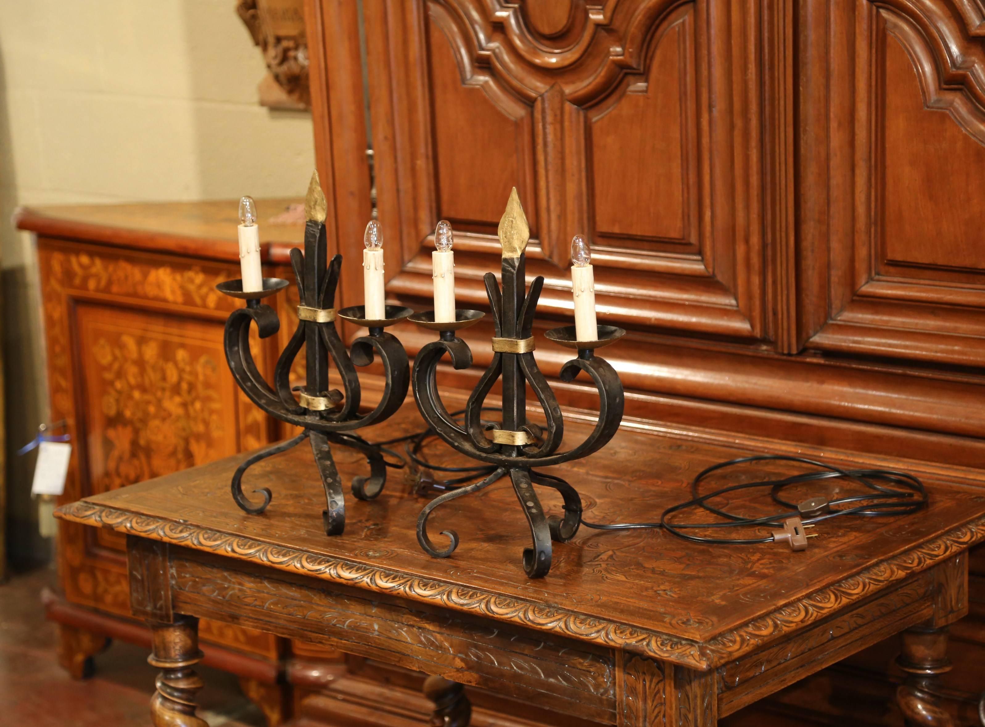 Pair of Early 20th Century French Gothic Forged Iron Two-Light Candelabras For Sale 3