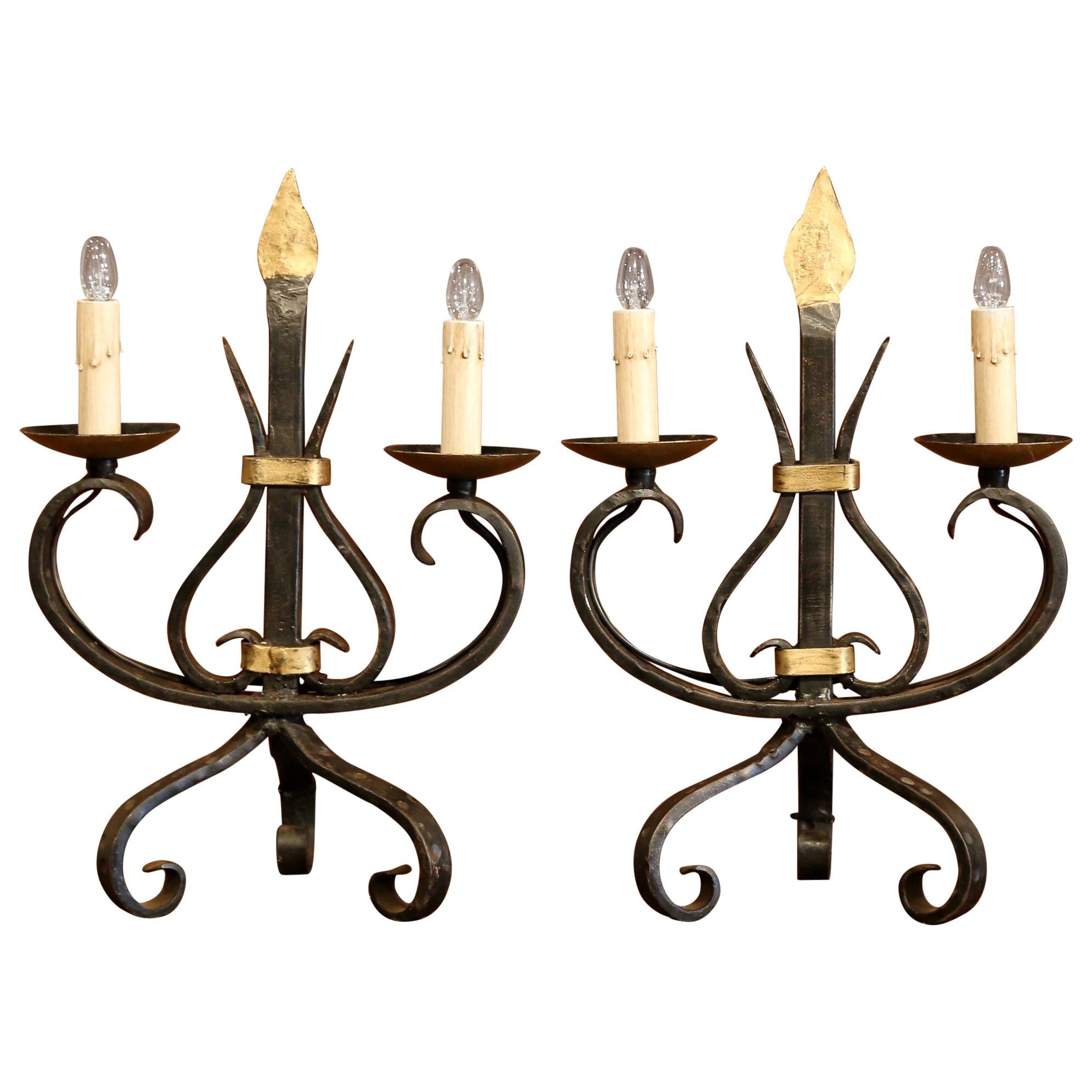 Pair of Early 20th Century French Gothic Forged Iron Two-Light Candelabras For Sale