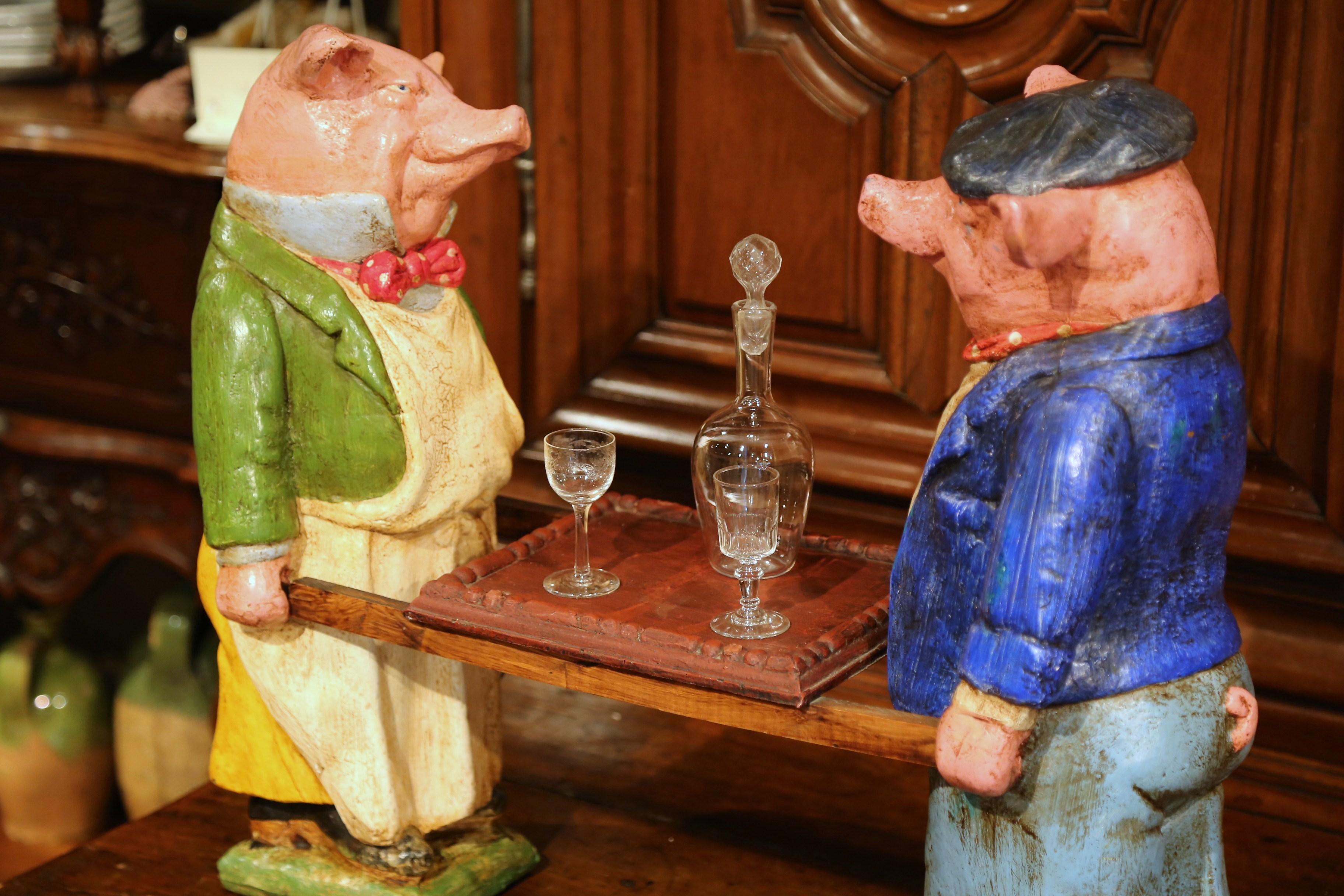 Pair of Early 20th Century French Hand Painted Ceramic Pig Sculptures with Tray 6