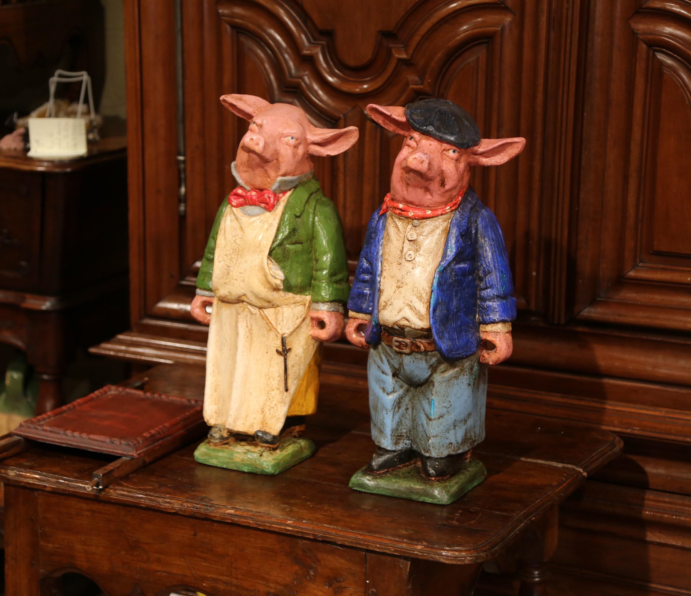 Pair of Early 20th Century French Hand Painted Ceramic Pig Sculptures with Tray 2