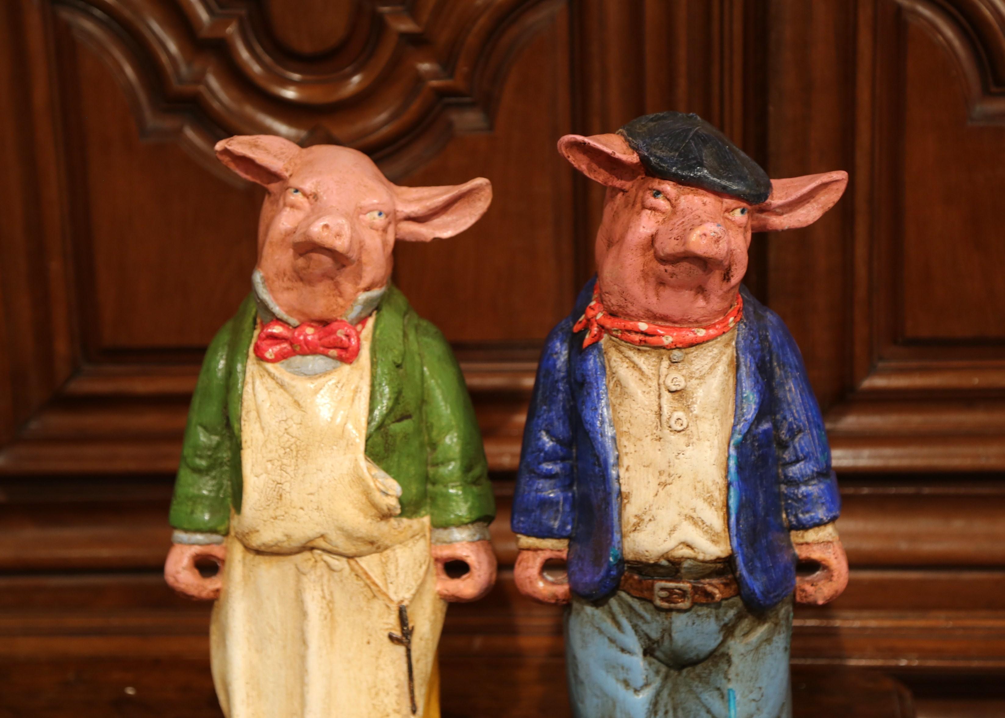 Pair of Early 20th Century French Hand Painted Ceramic Pig Sculptures with Tray 3