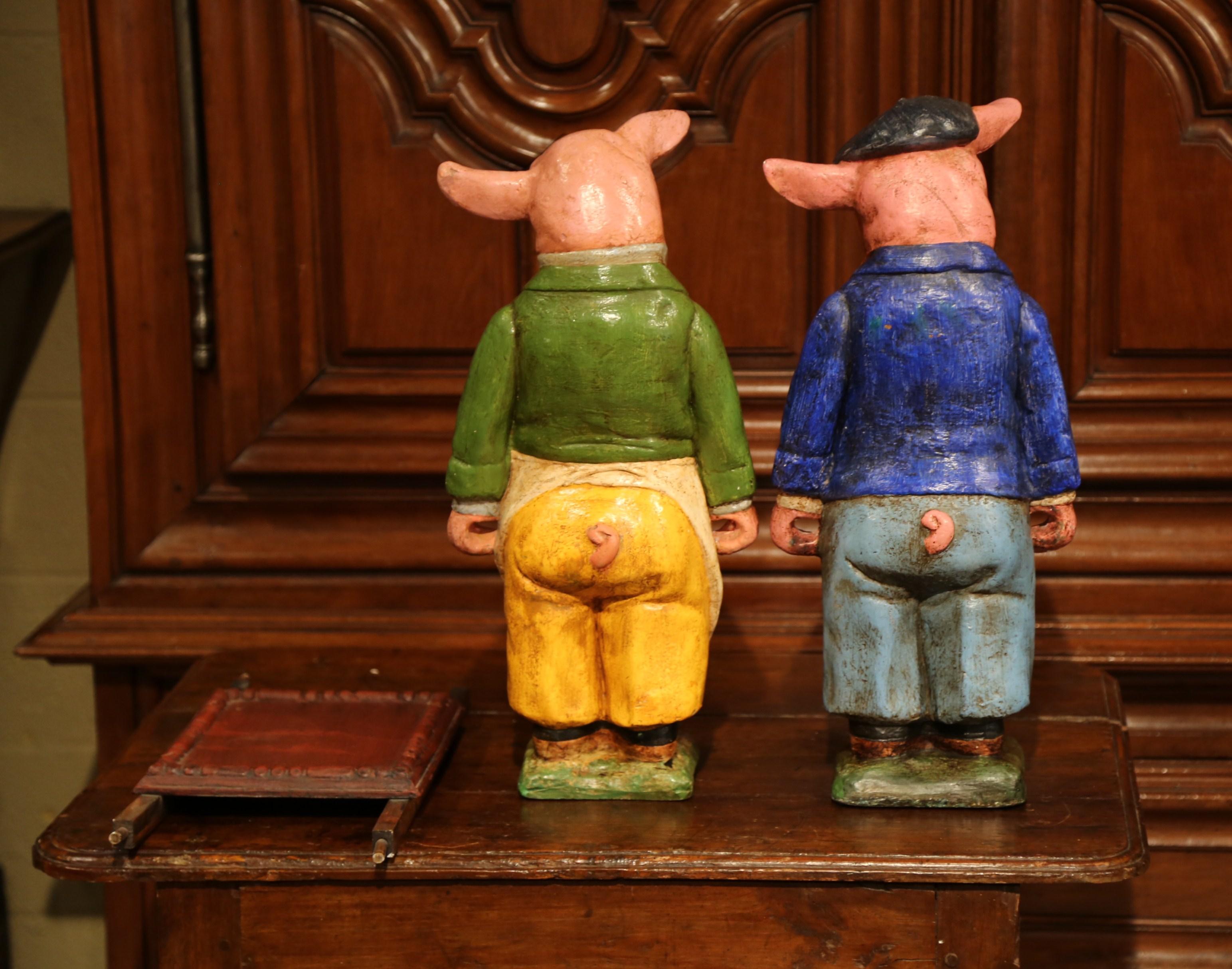 Pair of Early 20th Century French Hand Painted Ceramic Pig Sculptures with Tray 5