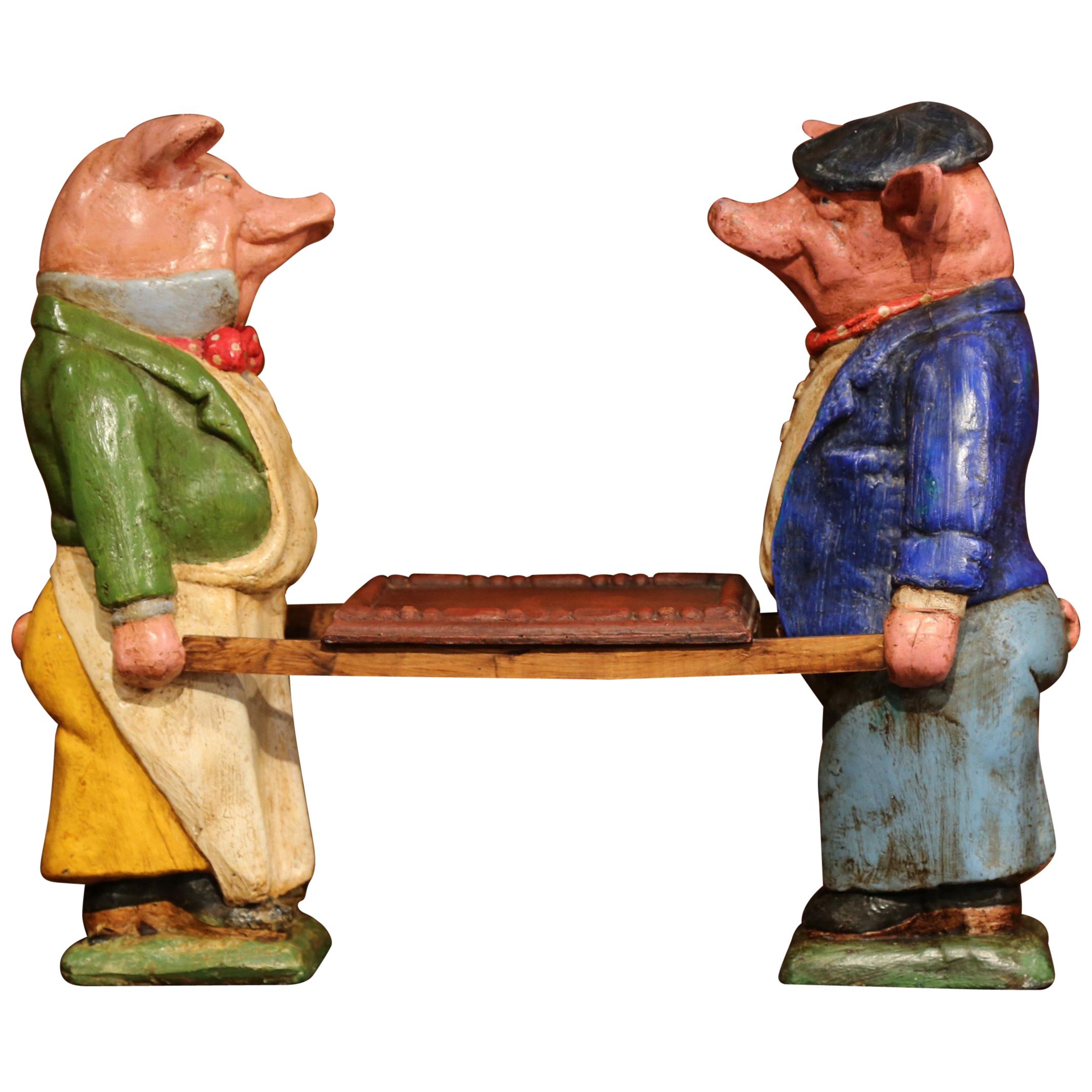 Pair of Early 20th Century French Hand Painted Ceramic Pig Sculptures with Tray