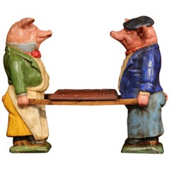 Antique Pair of Early 20th Century French Hand Painted Ceramic Pig Sculptures with Tray