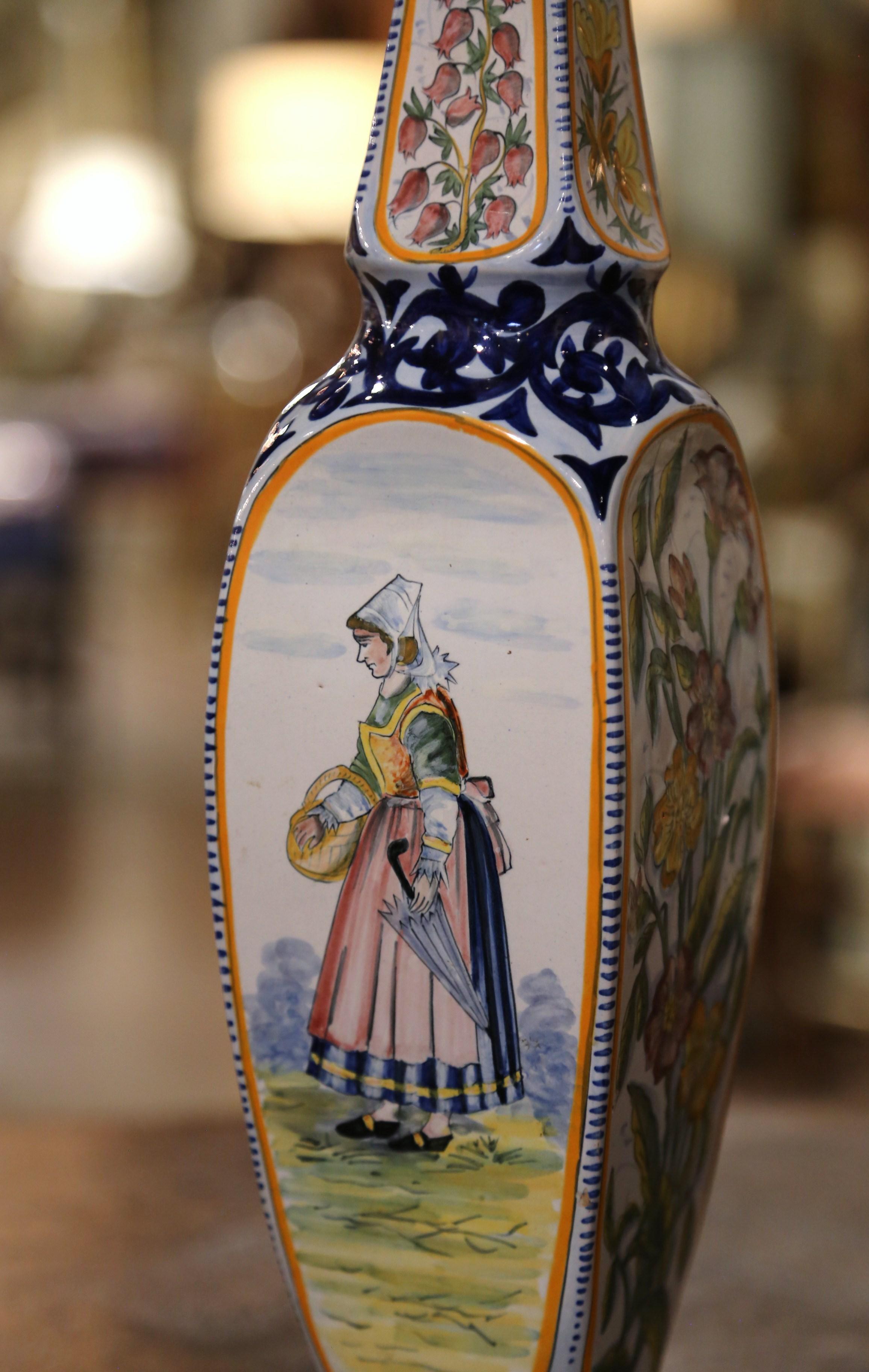 Pair of Early 20th Century French Hand Painted Faience HB Quimper Vases 1926 5
